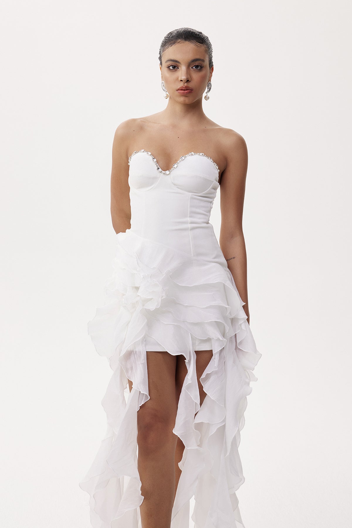 Eleonore Crystal Ruffle Fringe Mini Dress In White