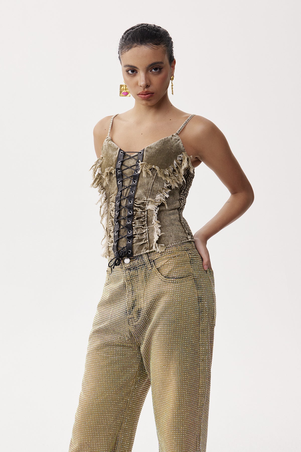 Elian Lace Up Fringe Denim Top