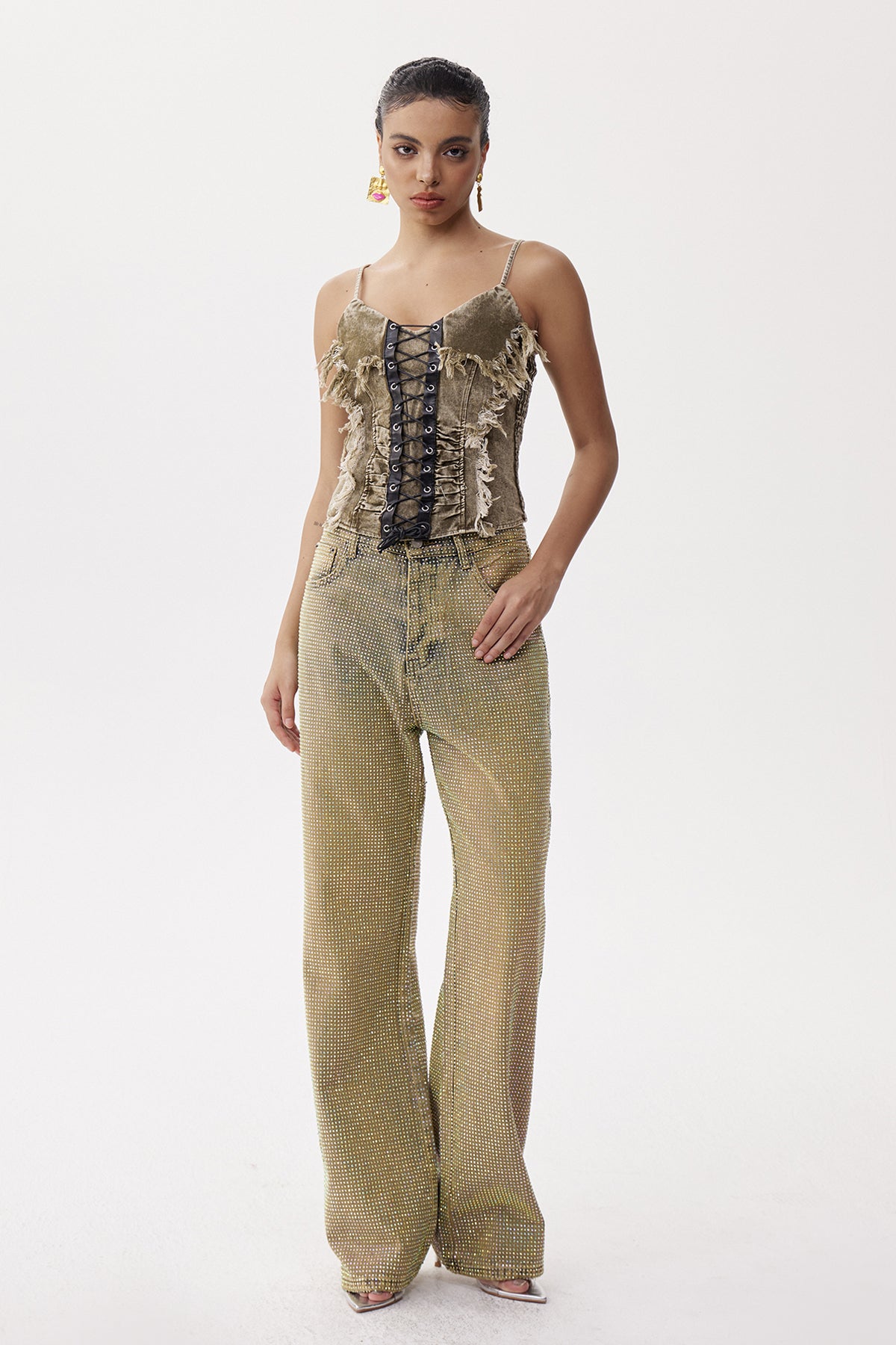 Elian Lace Up Fringe Denim Top