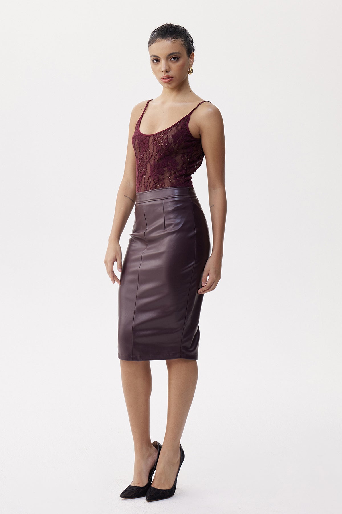 Elianna Lace Bodycon Leather Skirt Set