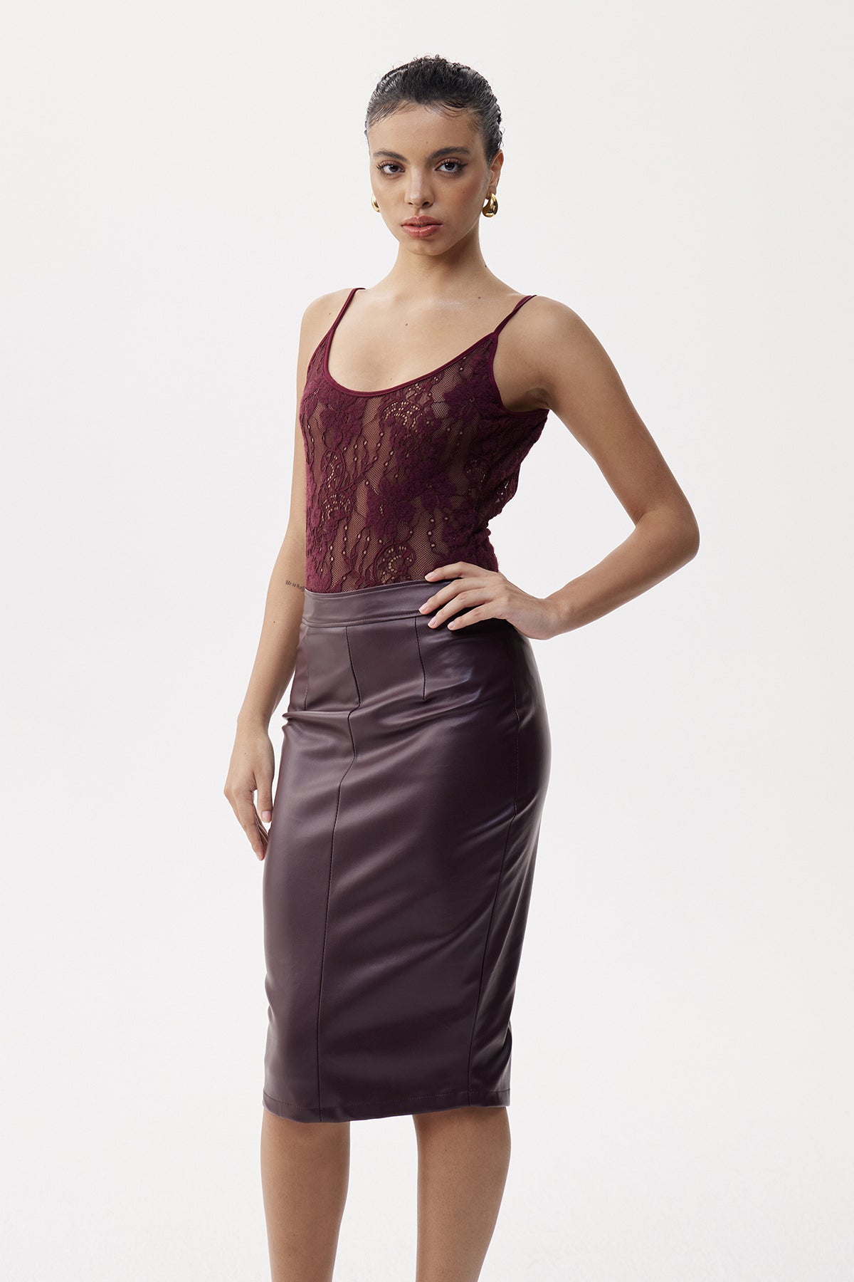 Elianna Lace Bodycon Leather Skirt Set