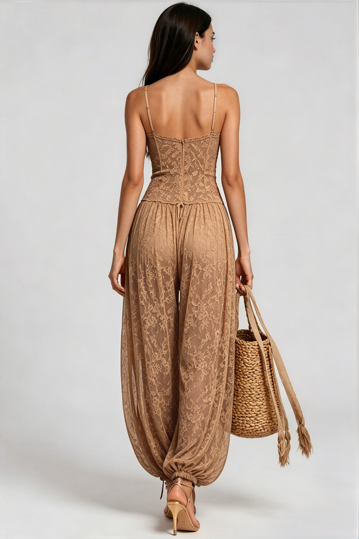 Elidi Spaghetti Lace Jumpsuit In Khaki