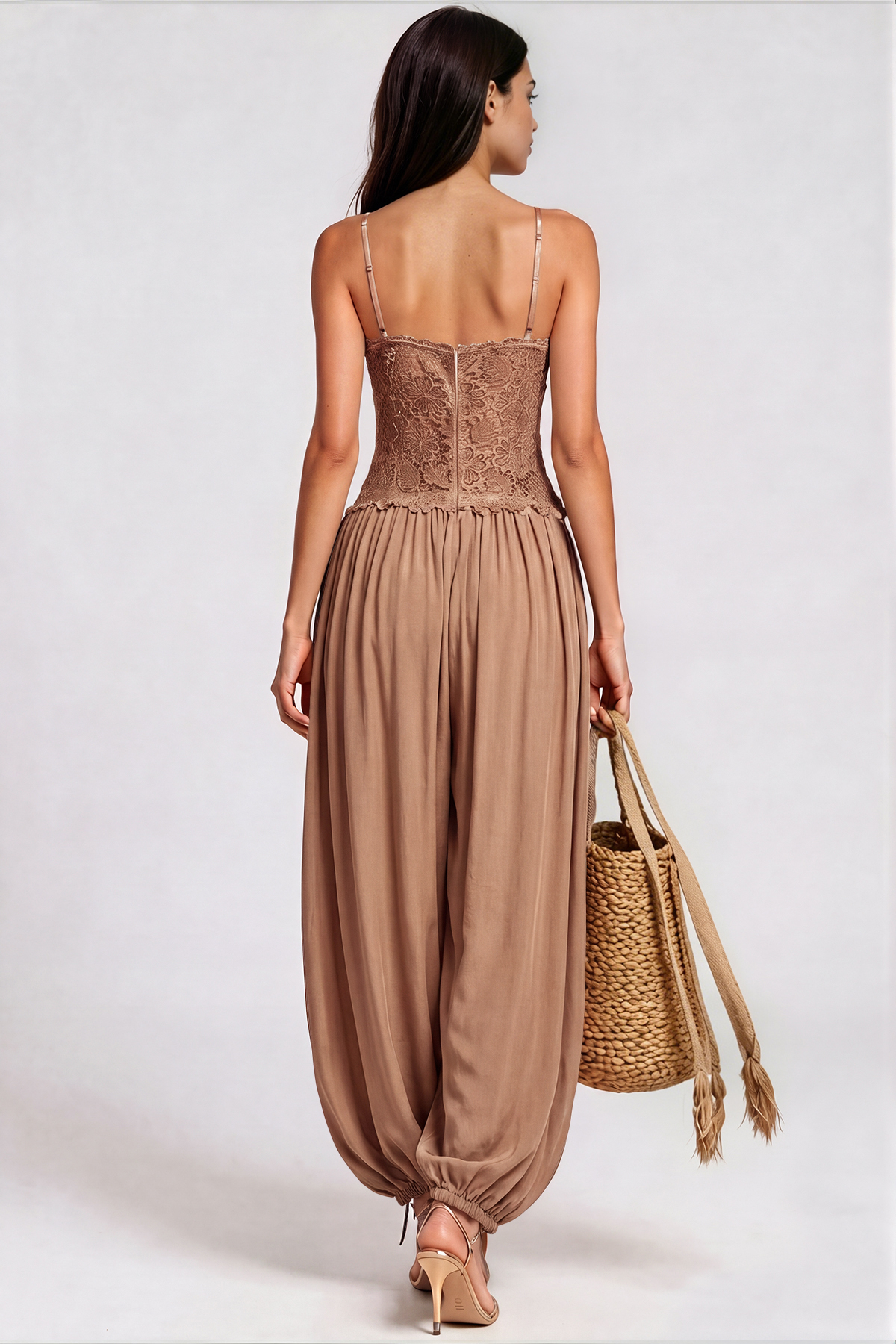 Elidi Spaghetti Lace Jumpsuit In Khaki