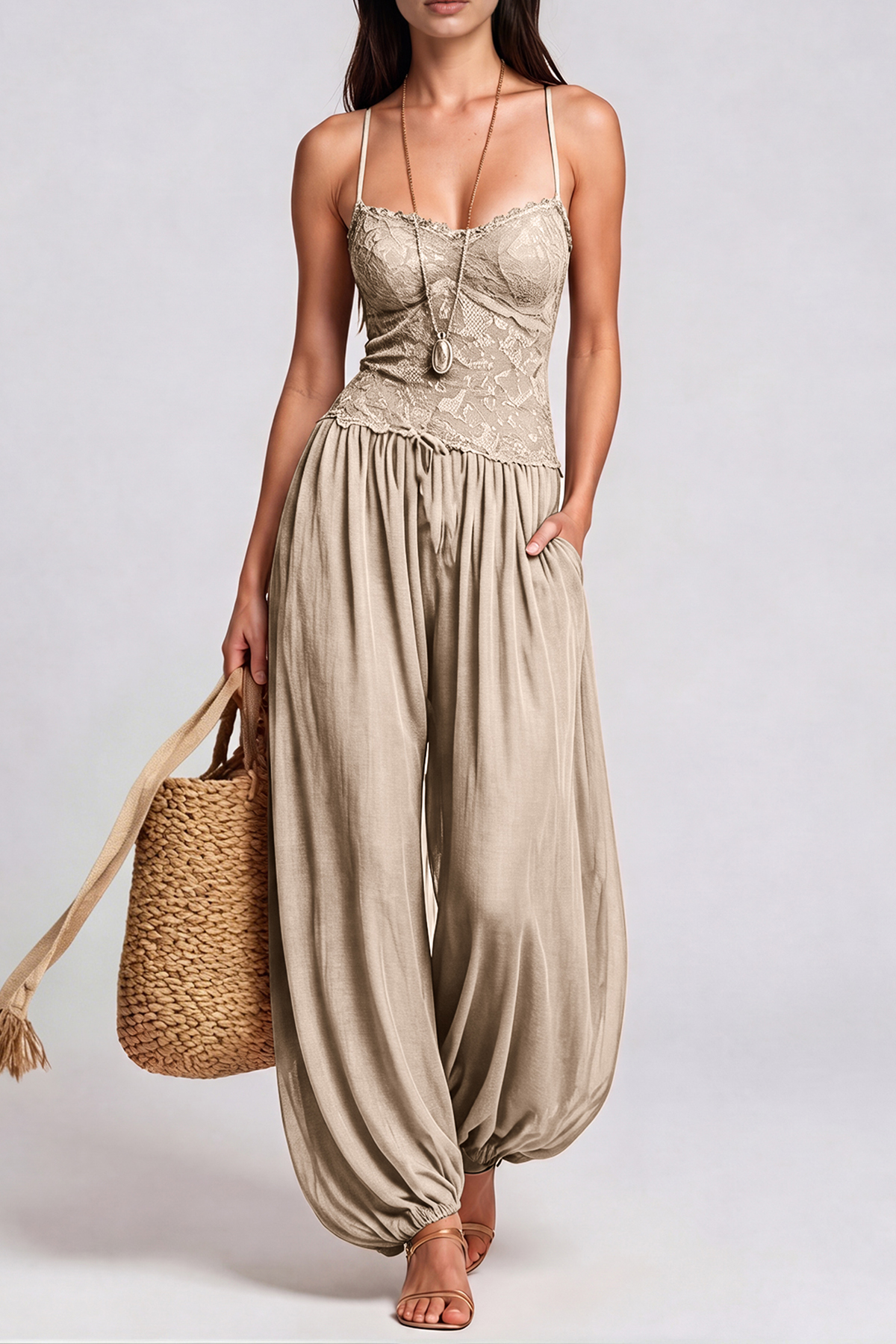 Elidi Spaghetti Lace Jumpsuit In Khaki