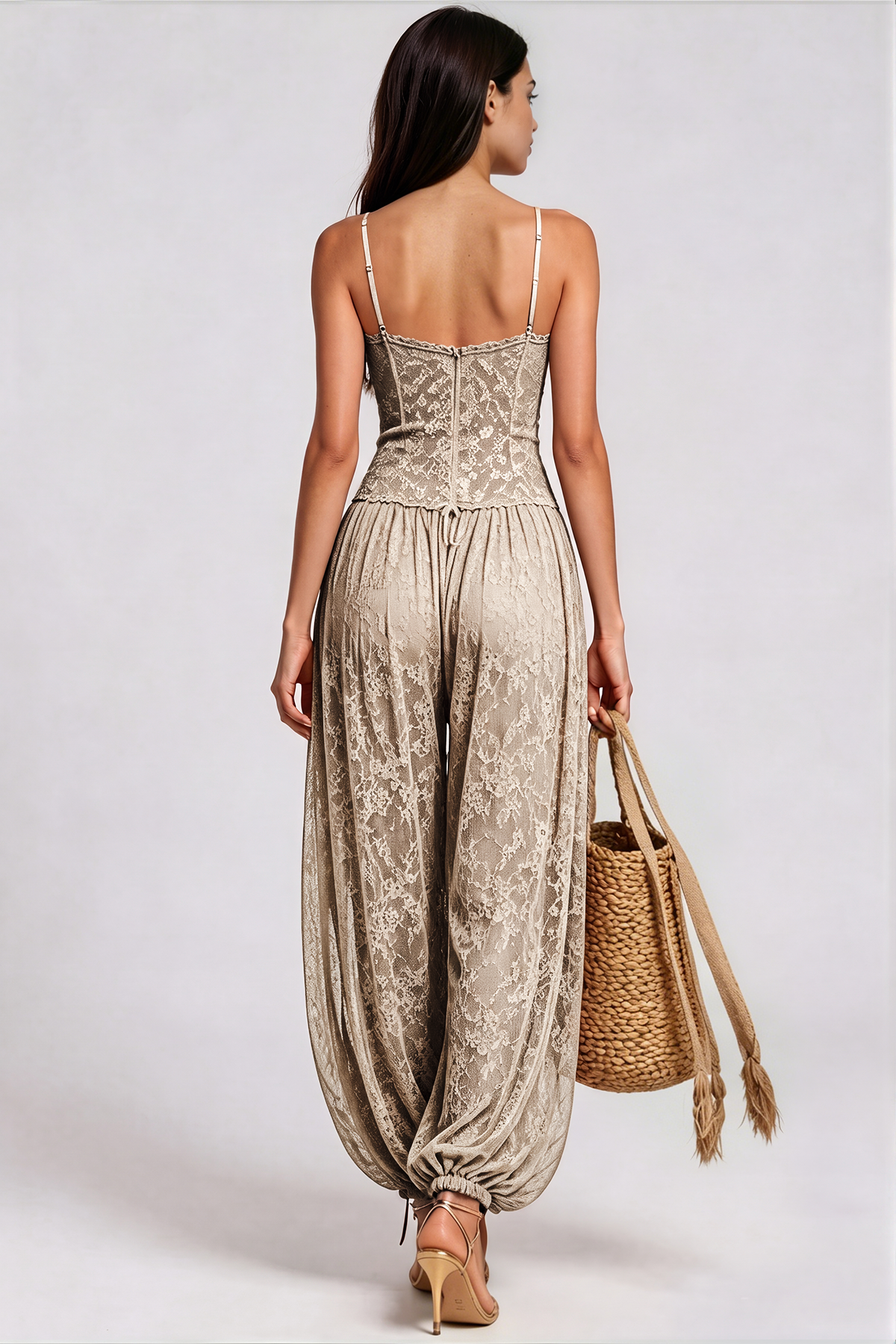 Elidi Spaghetti Lace Jumpsuit In Khaki