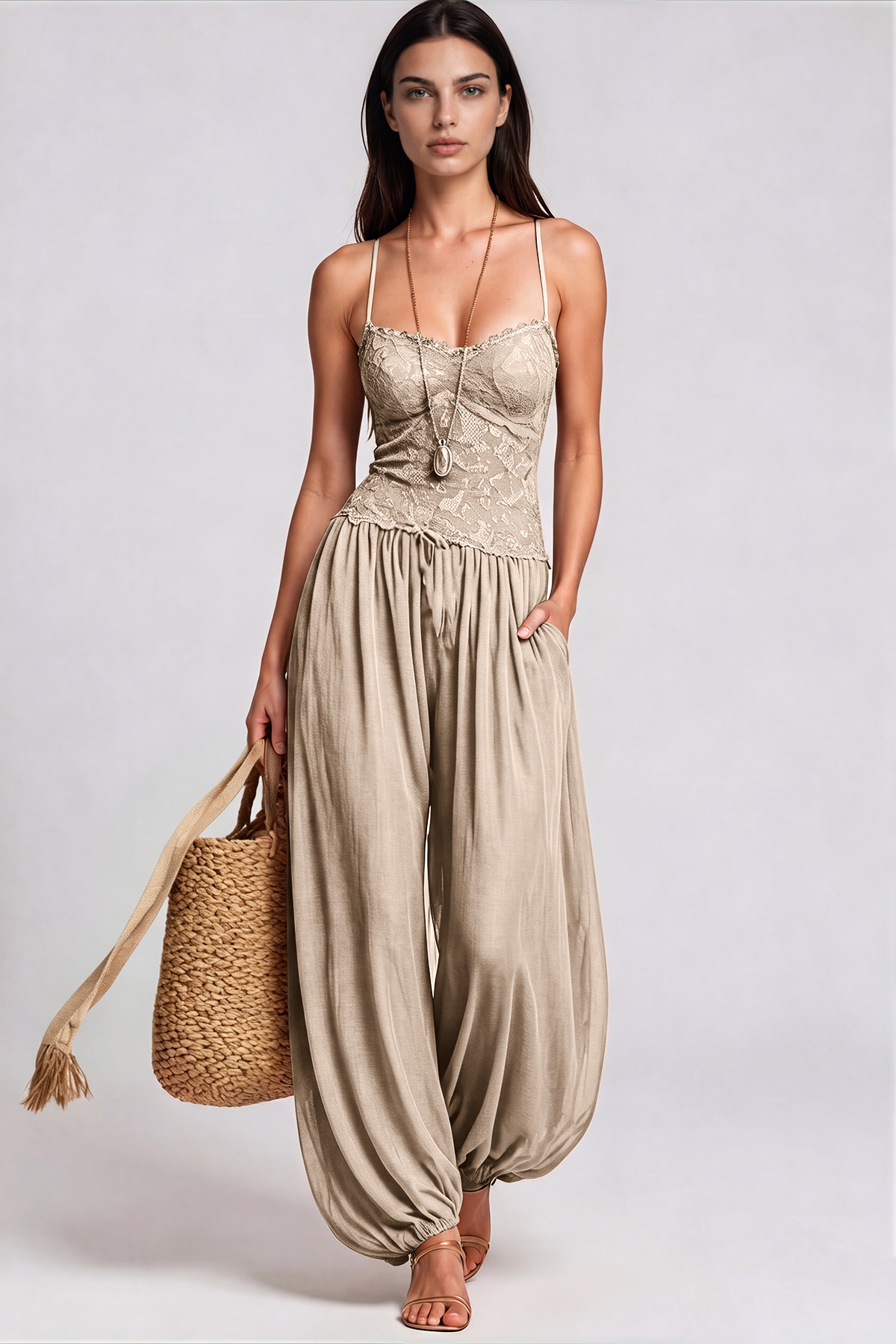 Elidi Spaghetti Lace Jumpsuit In Khaki