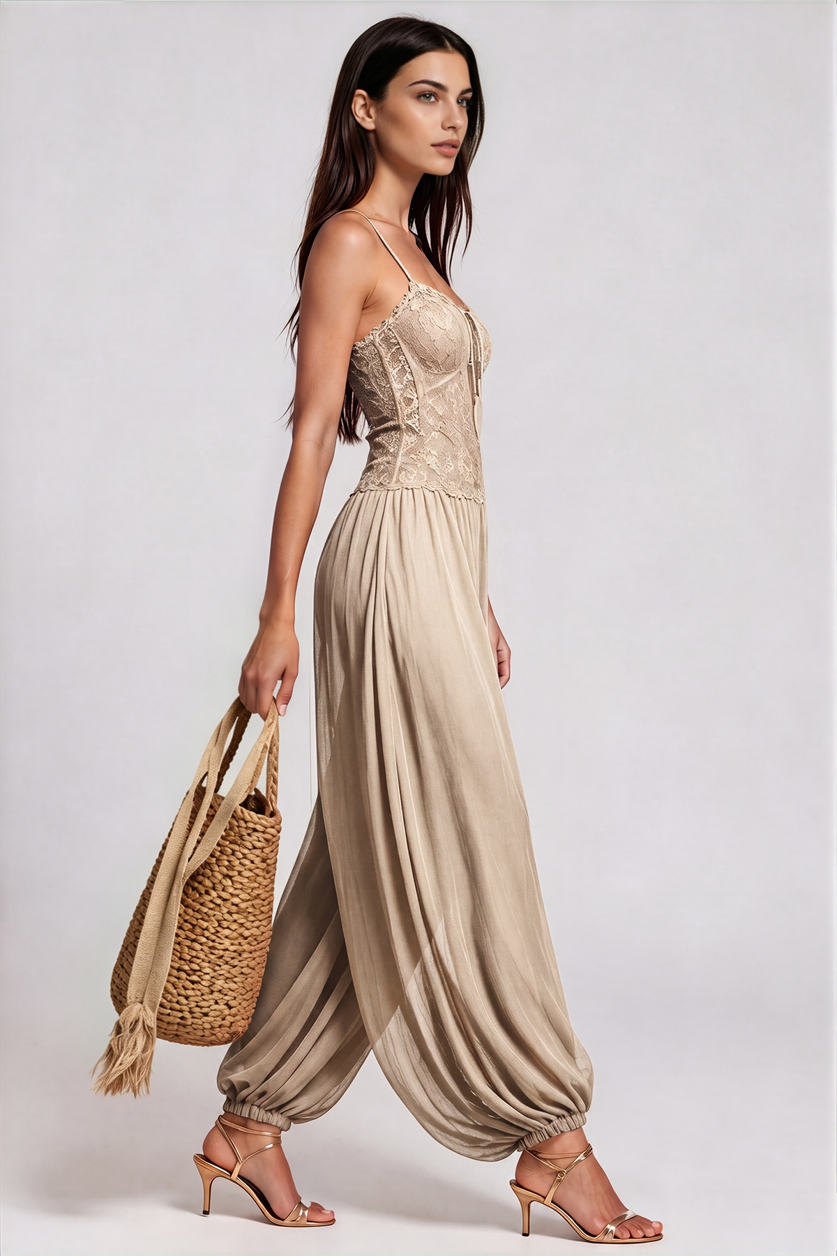 Elidi Spaghetti Lace Jumpsuit In Khaki