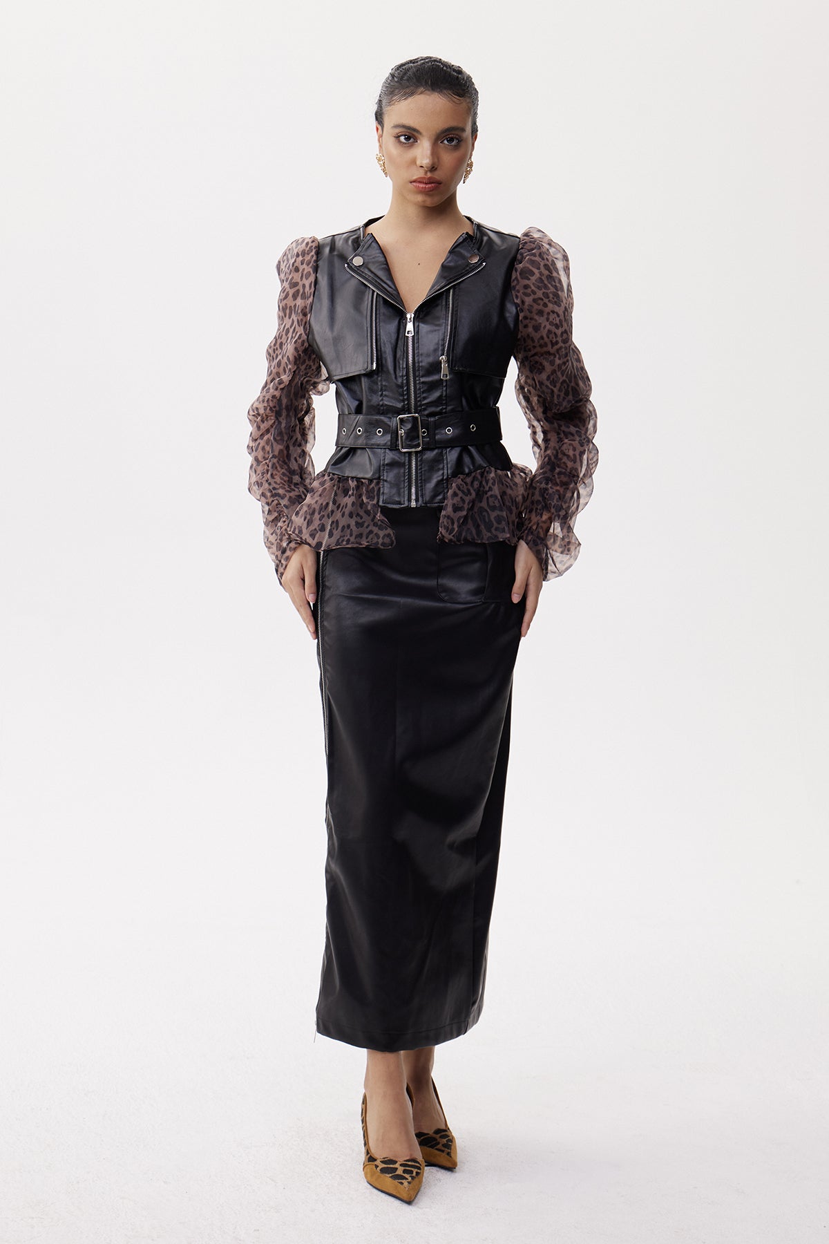 Eligia Deconstruct Leopard Leather Skirt Set