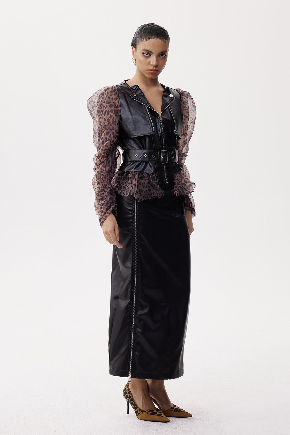 Eligia Deconstruct Leopard Leather Skirt Set