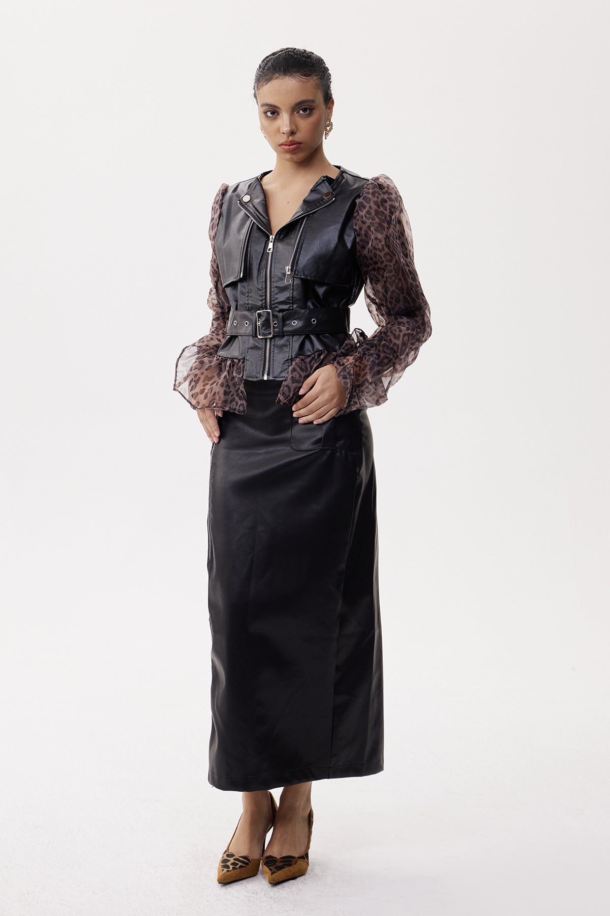 Eligia Deconstruct Leopard Leather Skirt Set