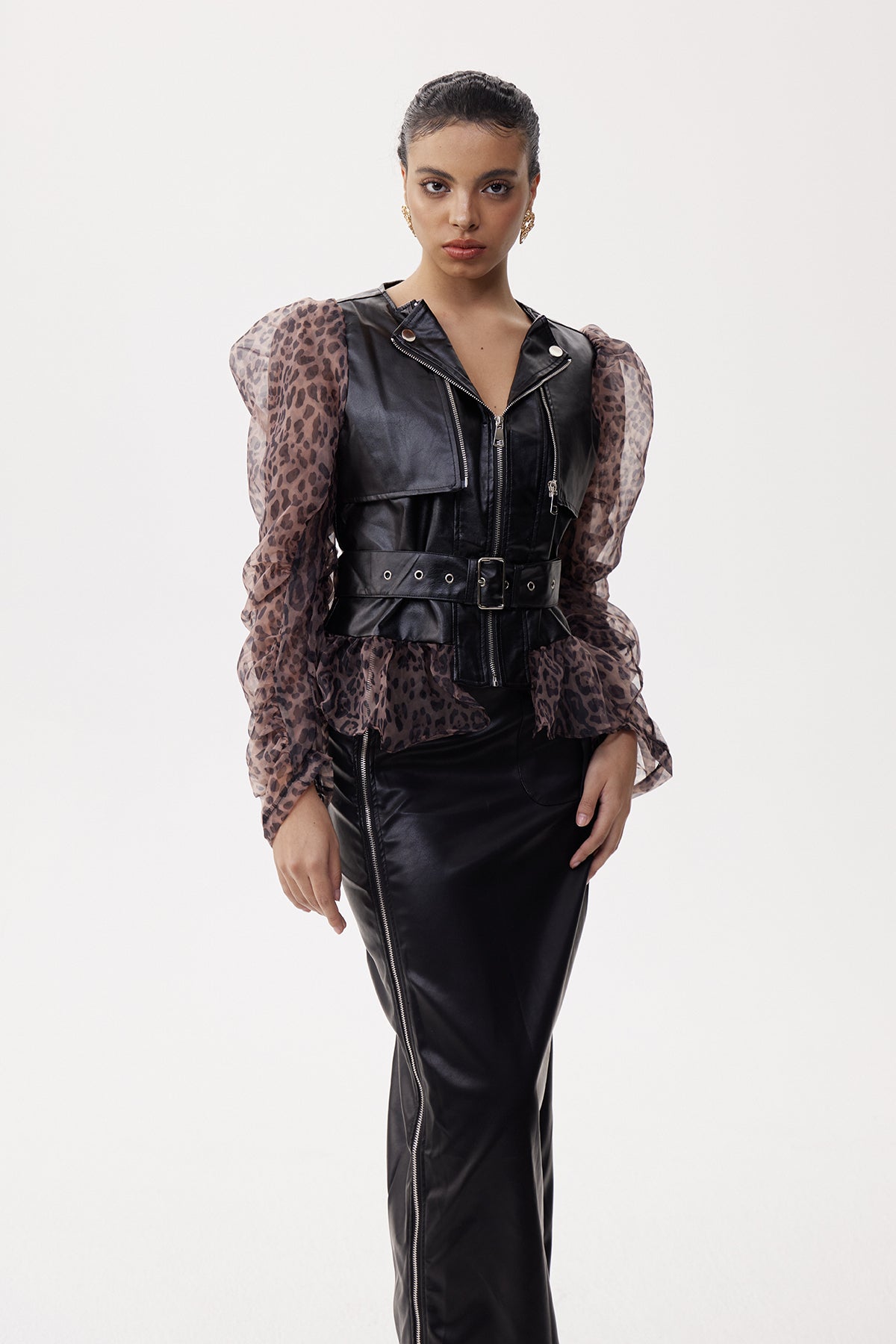 Eligia Deconstruct Leopard Leather Skirt Set