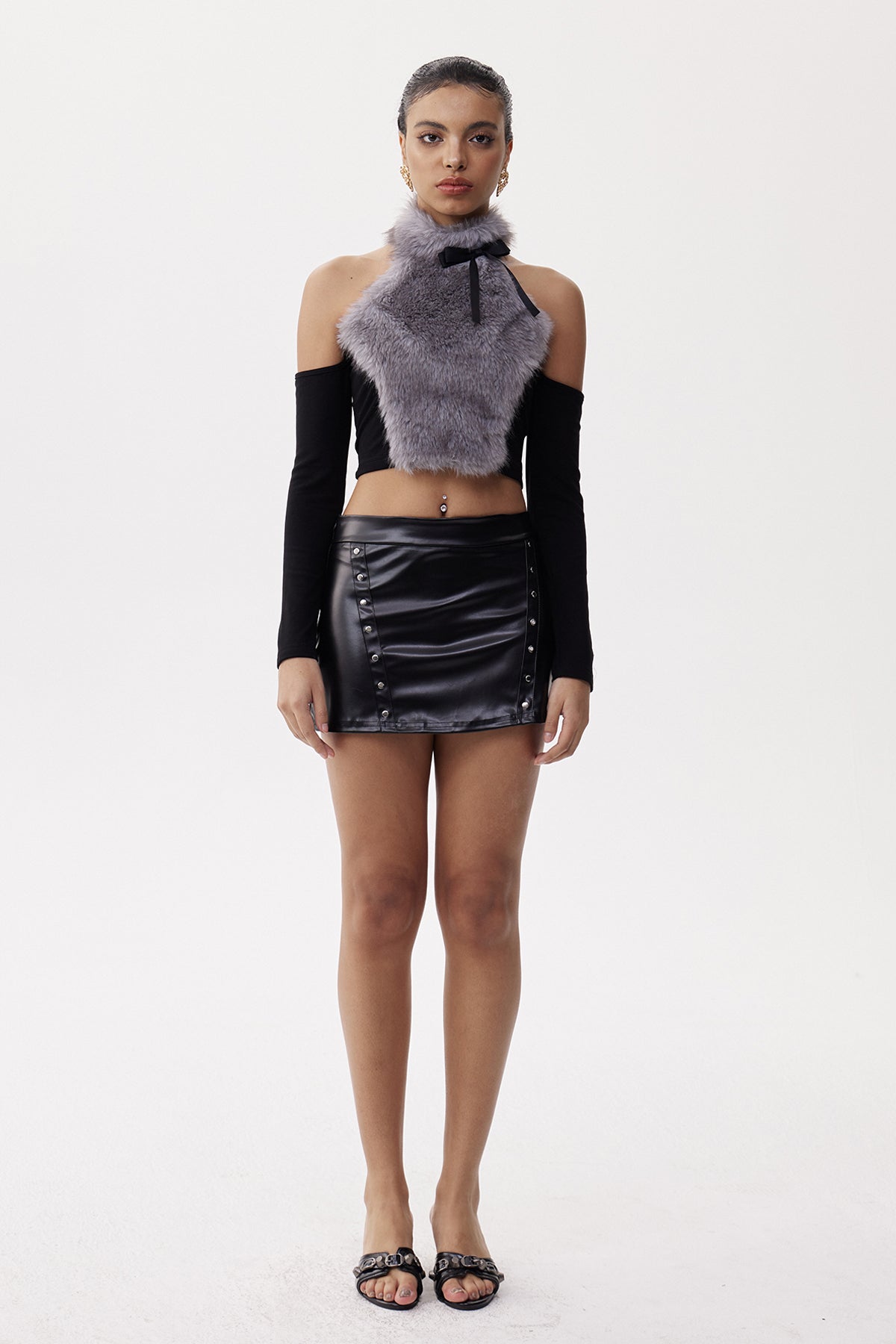 Elihu Faux Fur Cutout Top In Grey