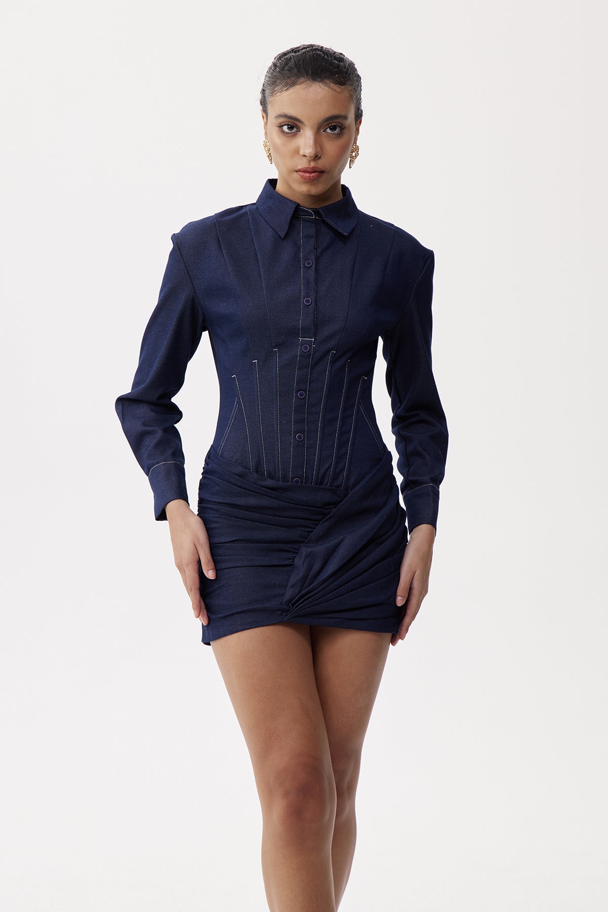 Elikapeka Off Shoulder Corset Ruch Mini Shirt Dress