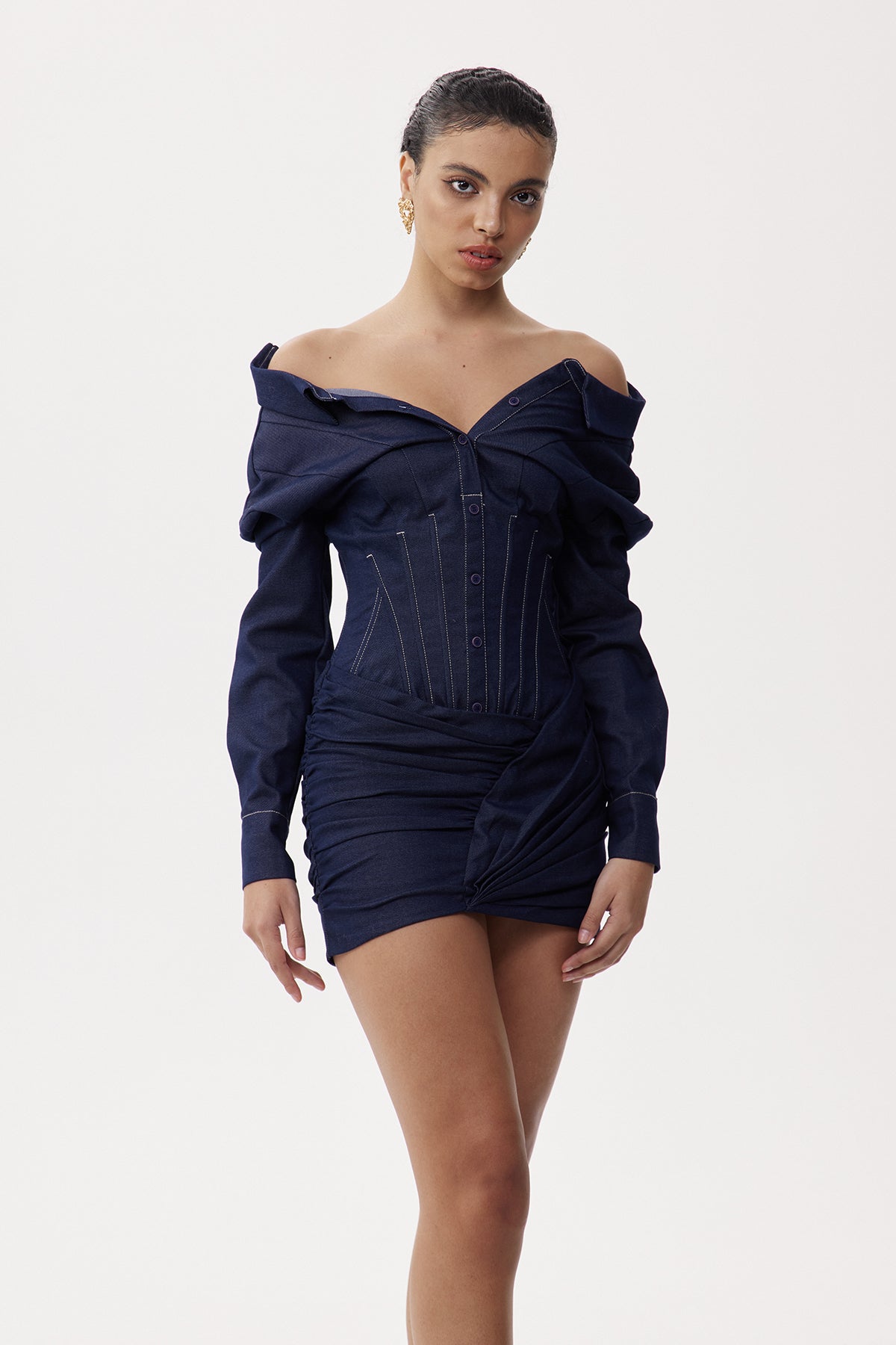 Elikapeka Off Shoulder Corset Ruch Mini Shirt Dress