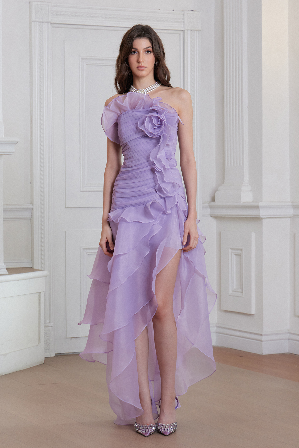 Elizabet Flower Ruch Ruffle Maxi Dress