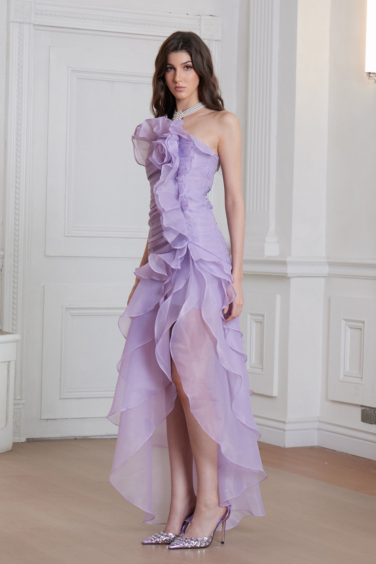 Elizabet Flower Ruch Ruffle Maxi Dress