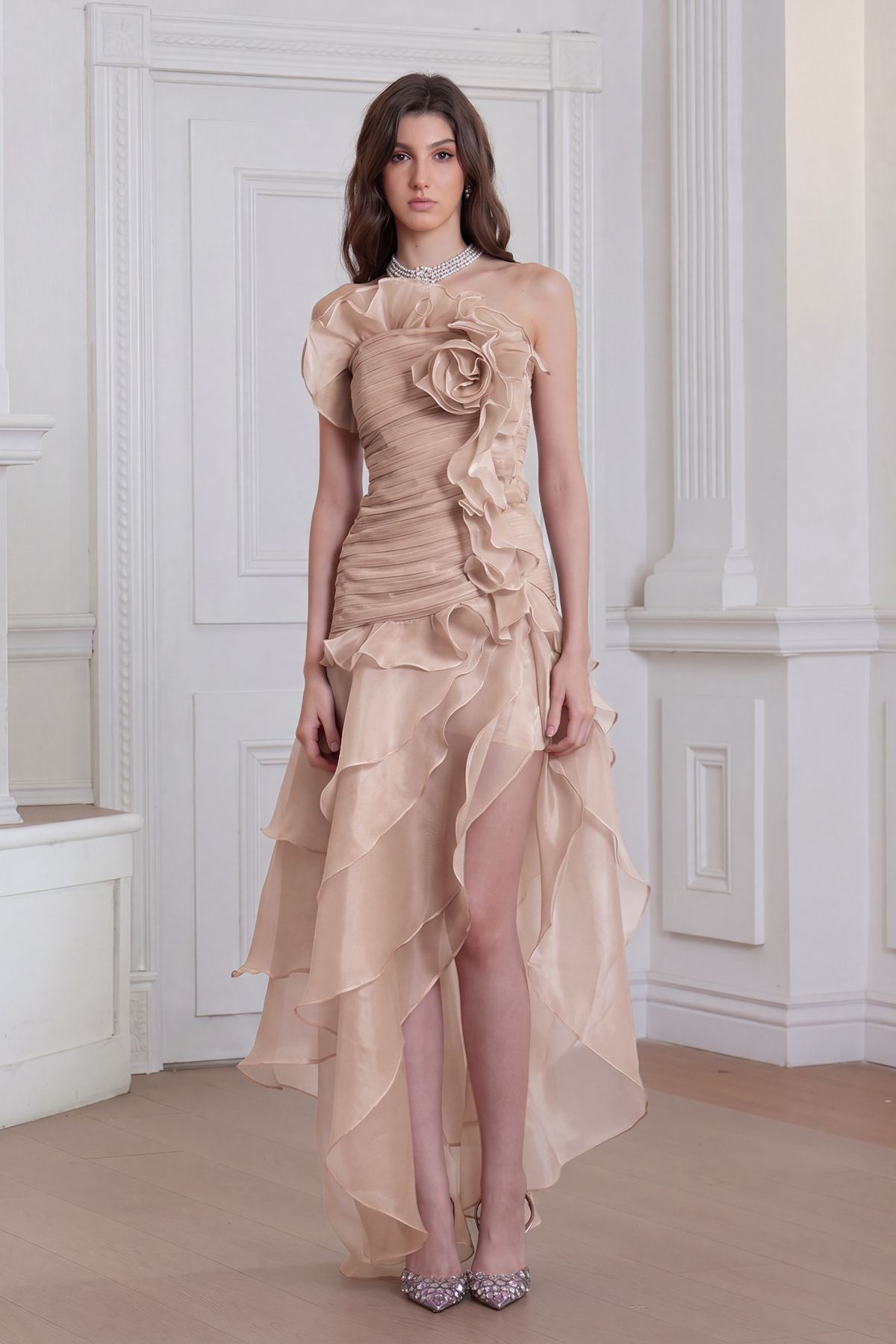 Elizabet Flower Ruch Ruffle Maxi Dress In Nude