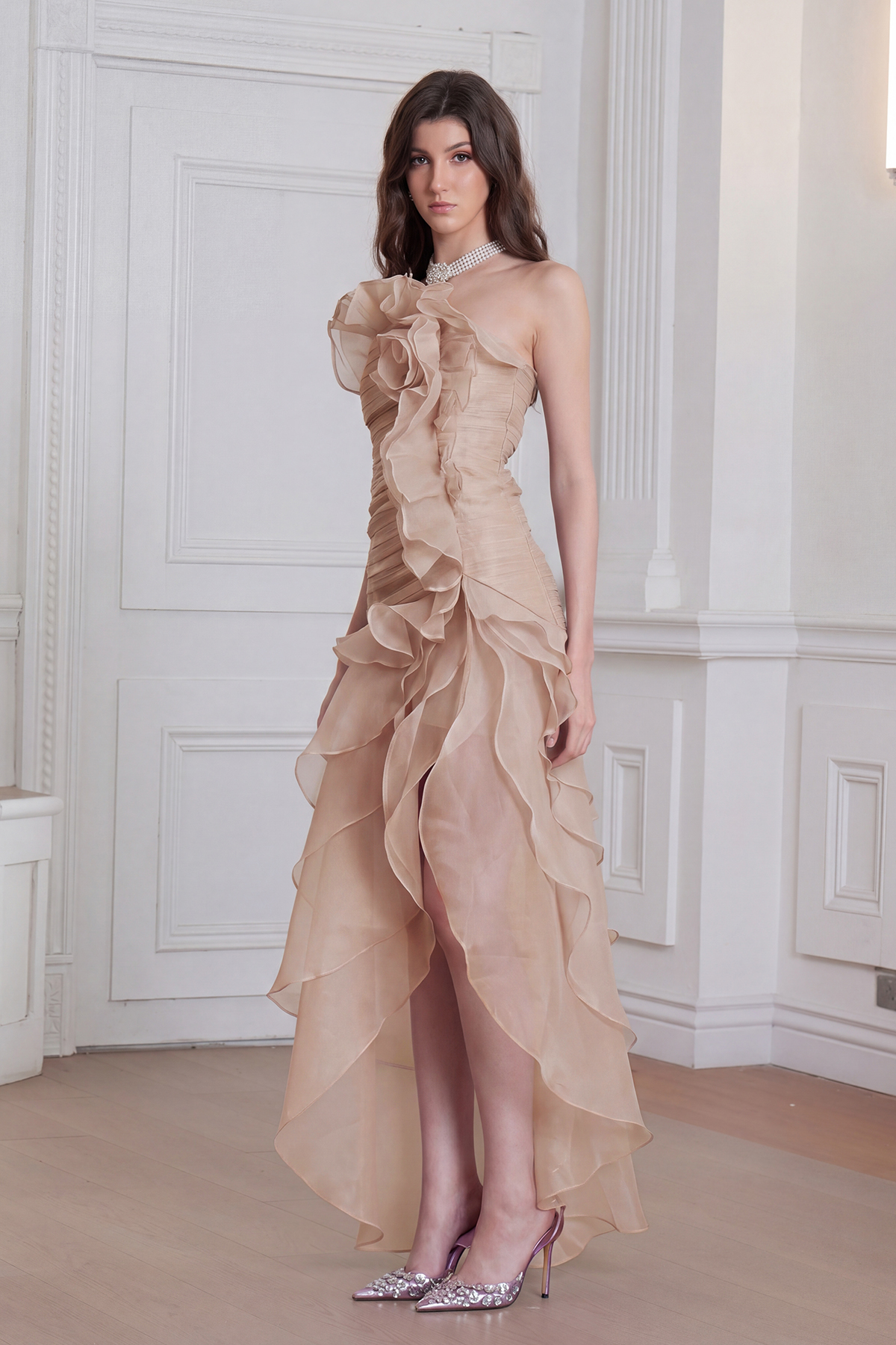 Elizabet Flower Ruch Ruffle Maxi Dress In Nude – Innovare Denim