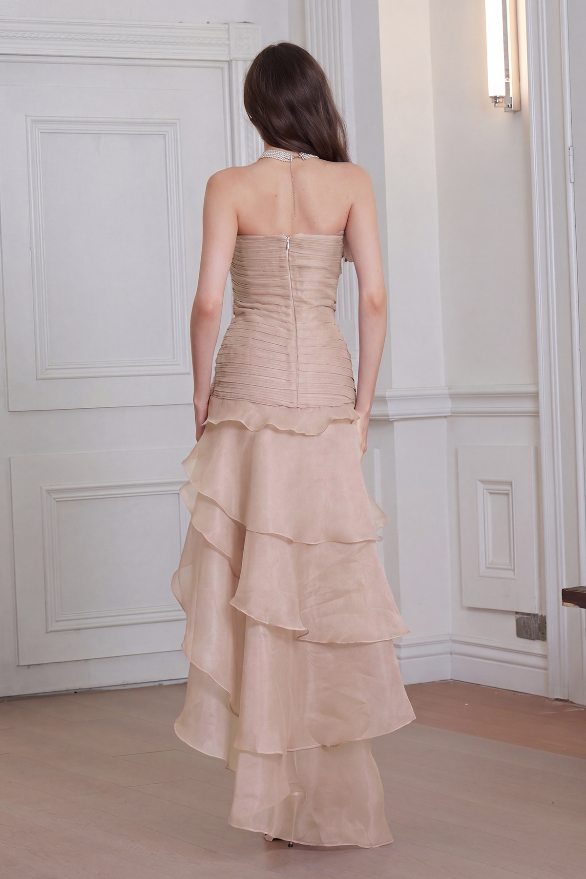 Elizabet Flower Ruch Ruffle Maxi Dress In Nude