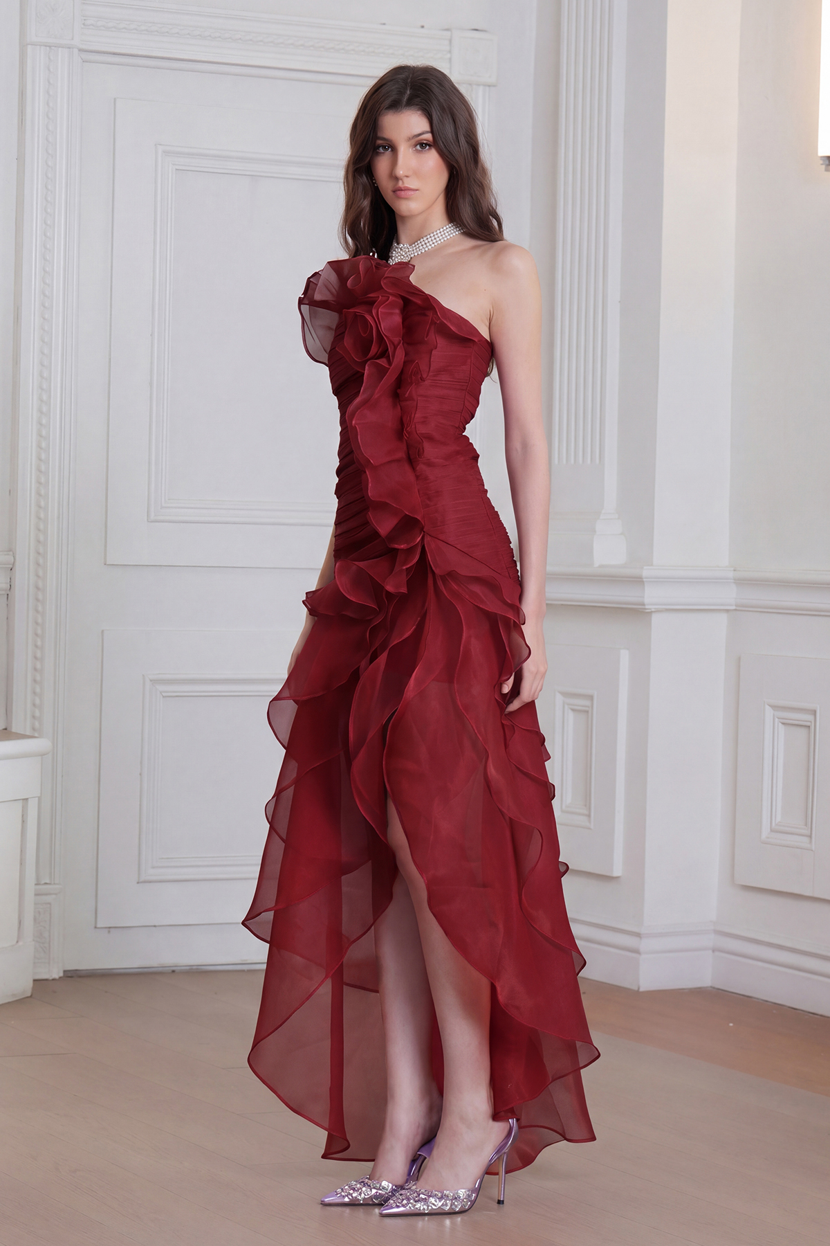 Elizabet Flower Ruch Ruffle Maxi Dress In Red