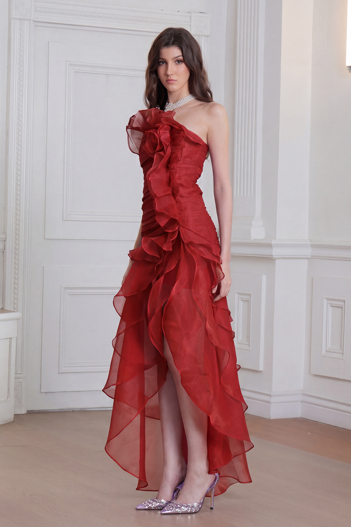 Elizabet Flower Ruch Ruffle Maxi Dress In Red