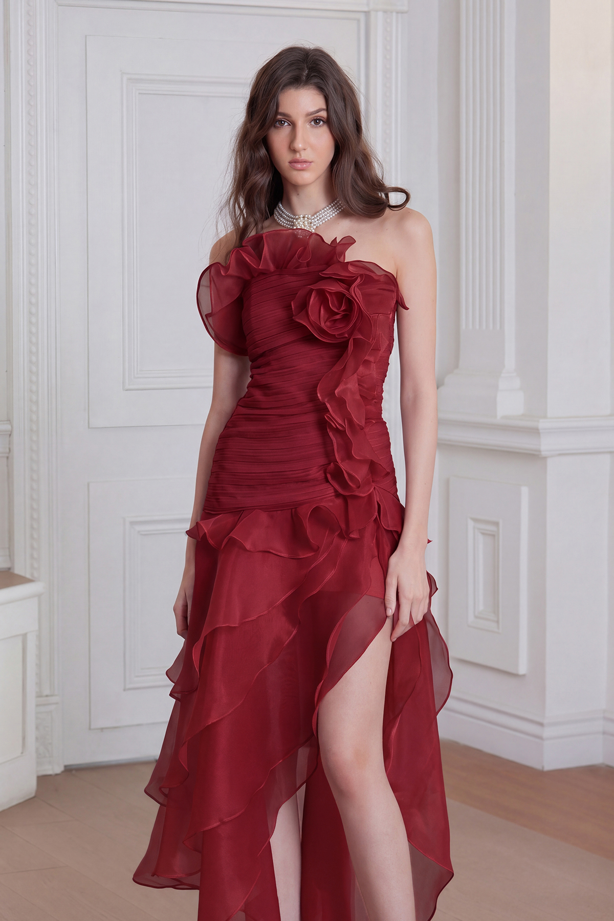 Elizabet Flower Ruch Ruffle Maxi Dress In Red