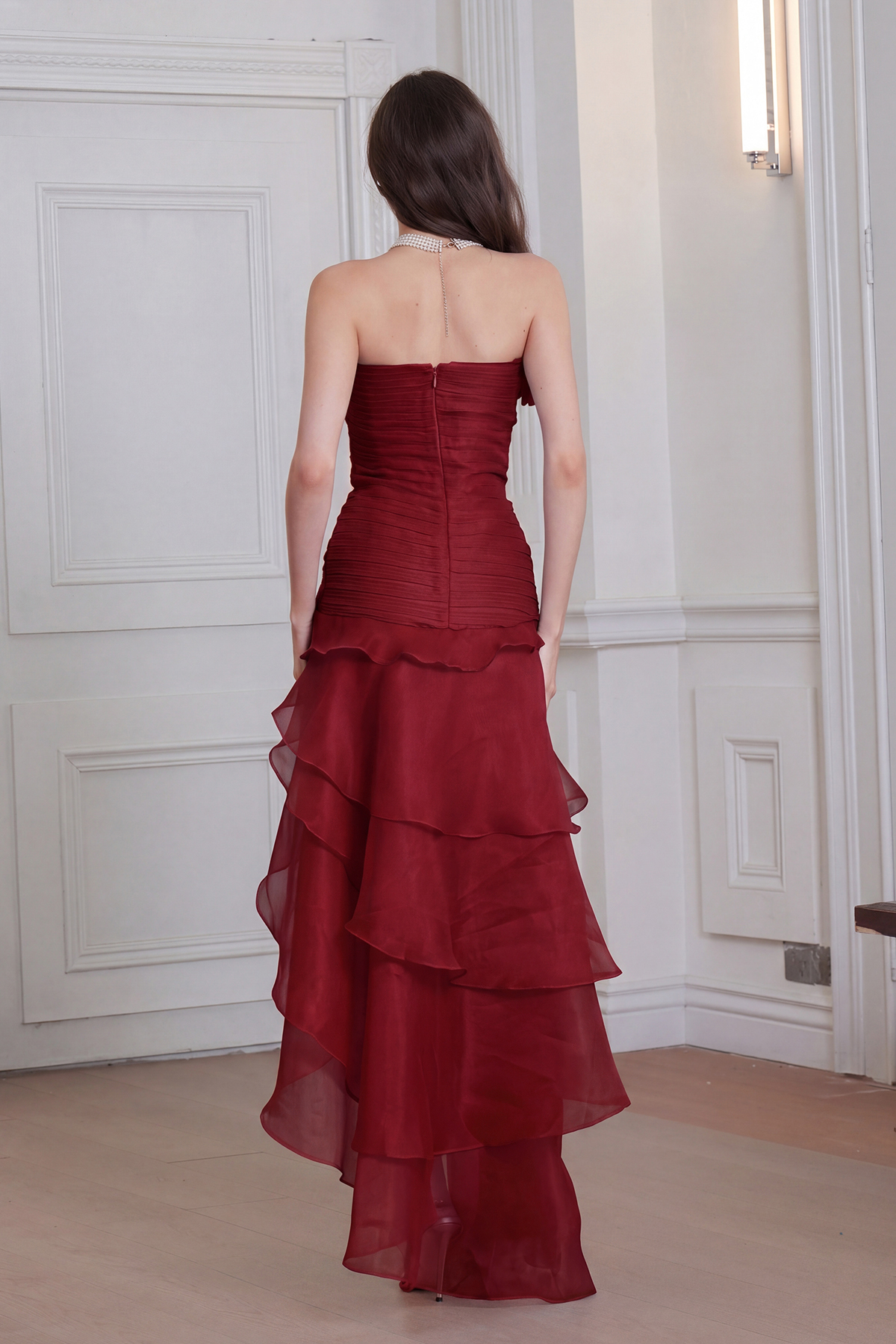 Elizabet Flower Ruch Ruffle Maxi Dress In Red