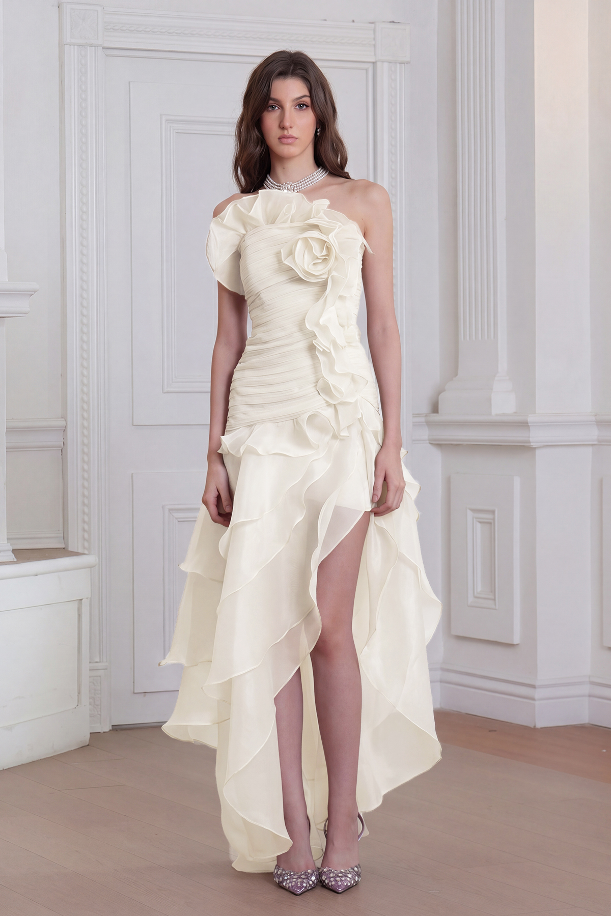 Elizabet Flower Ruch Ruffle Maxi Dress In White