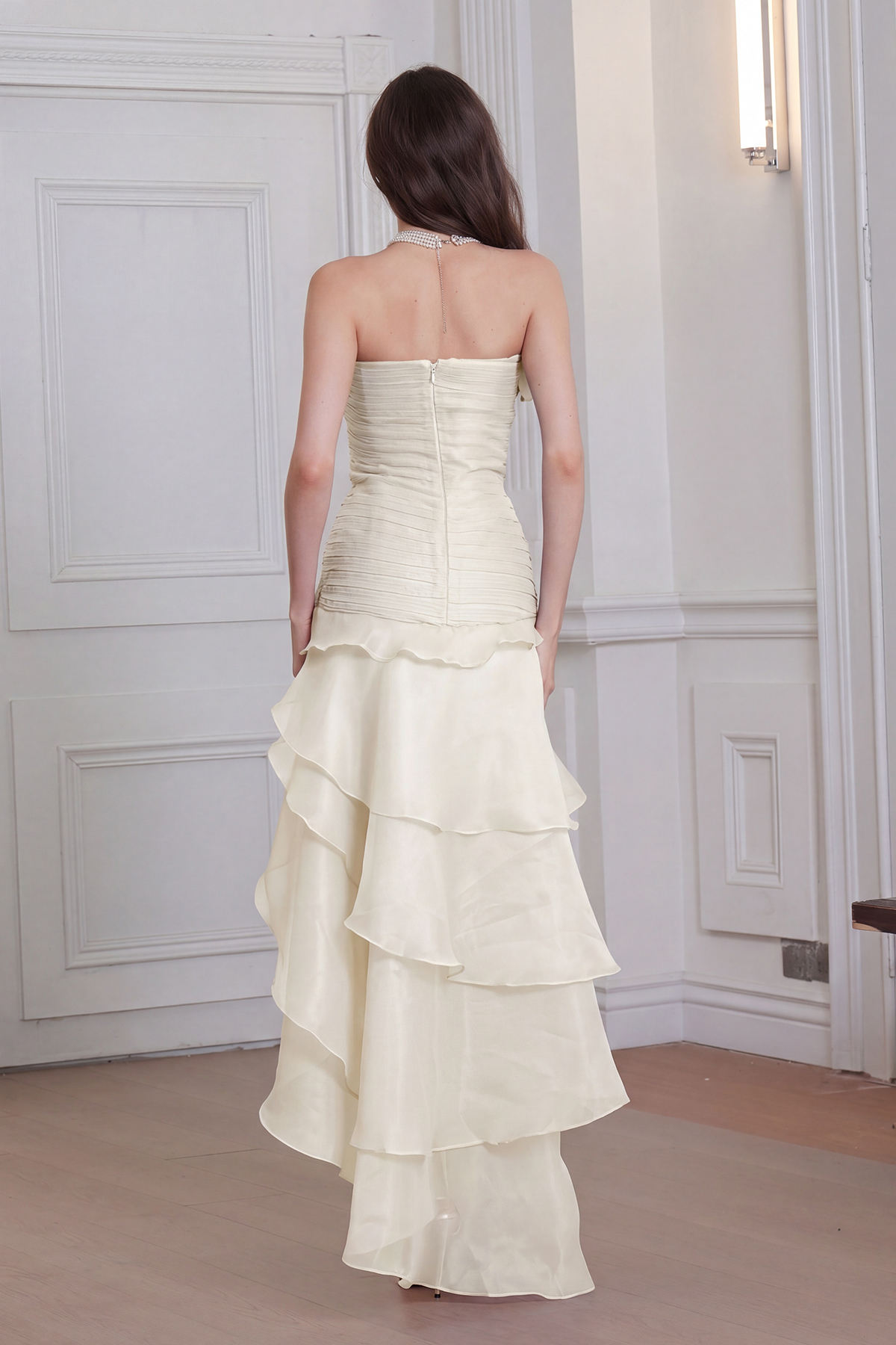 Elizabet Flower Ruch Ruffle Maxi Dress In White
