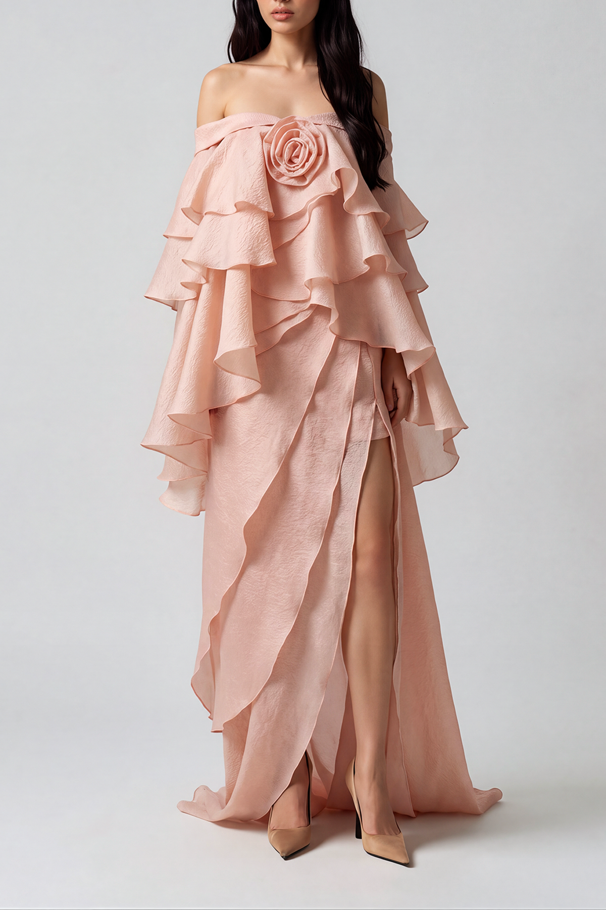 Elizabet Off Shoulder Flower Rufffle Maxi Dress