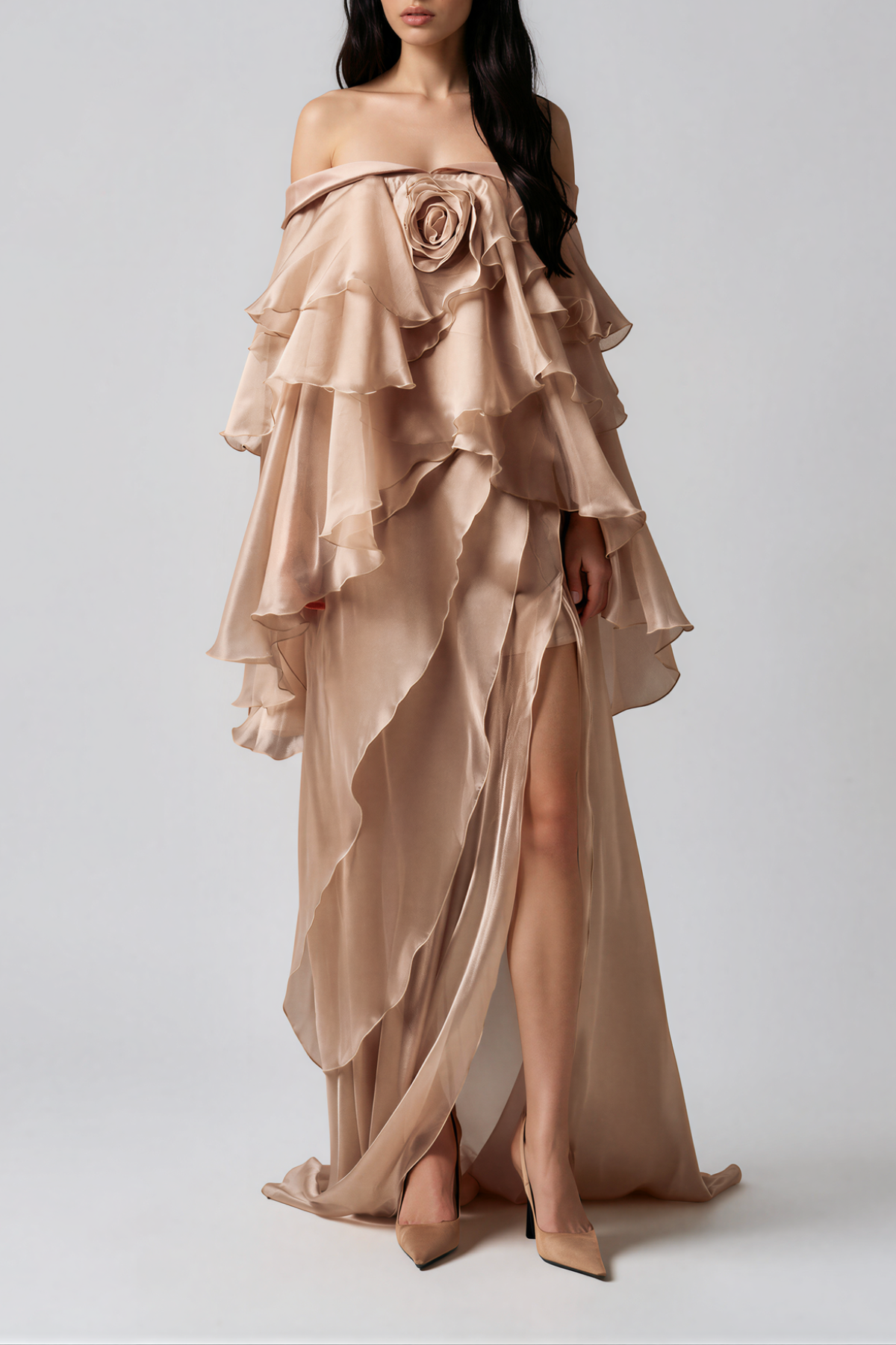 Elizabet Off Shoulder Flower Rufffle Maxi Dress