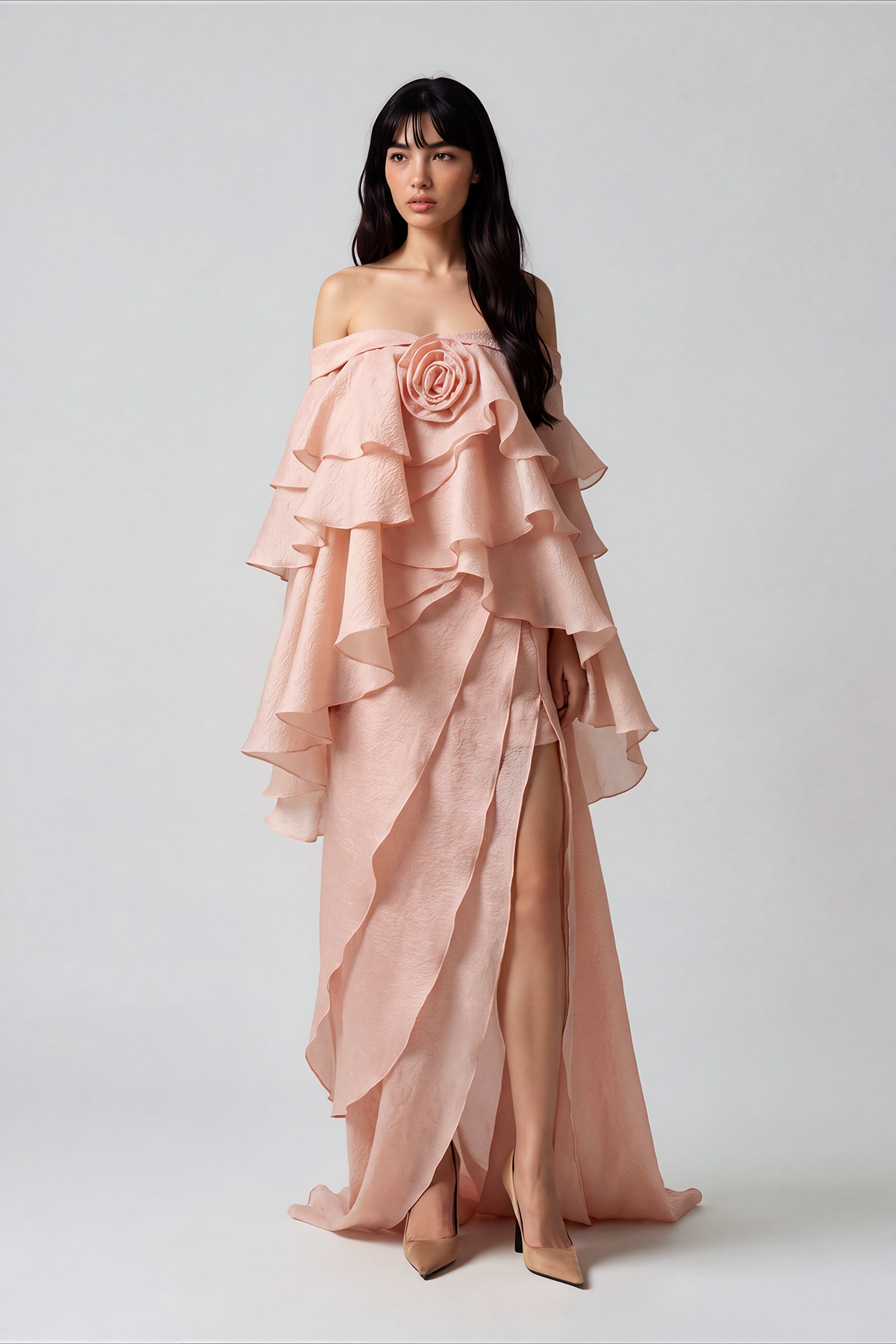 Elizabet Off Shoulder Flower Rufffle Maxi Dress