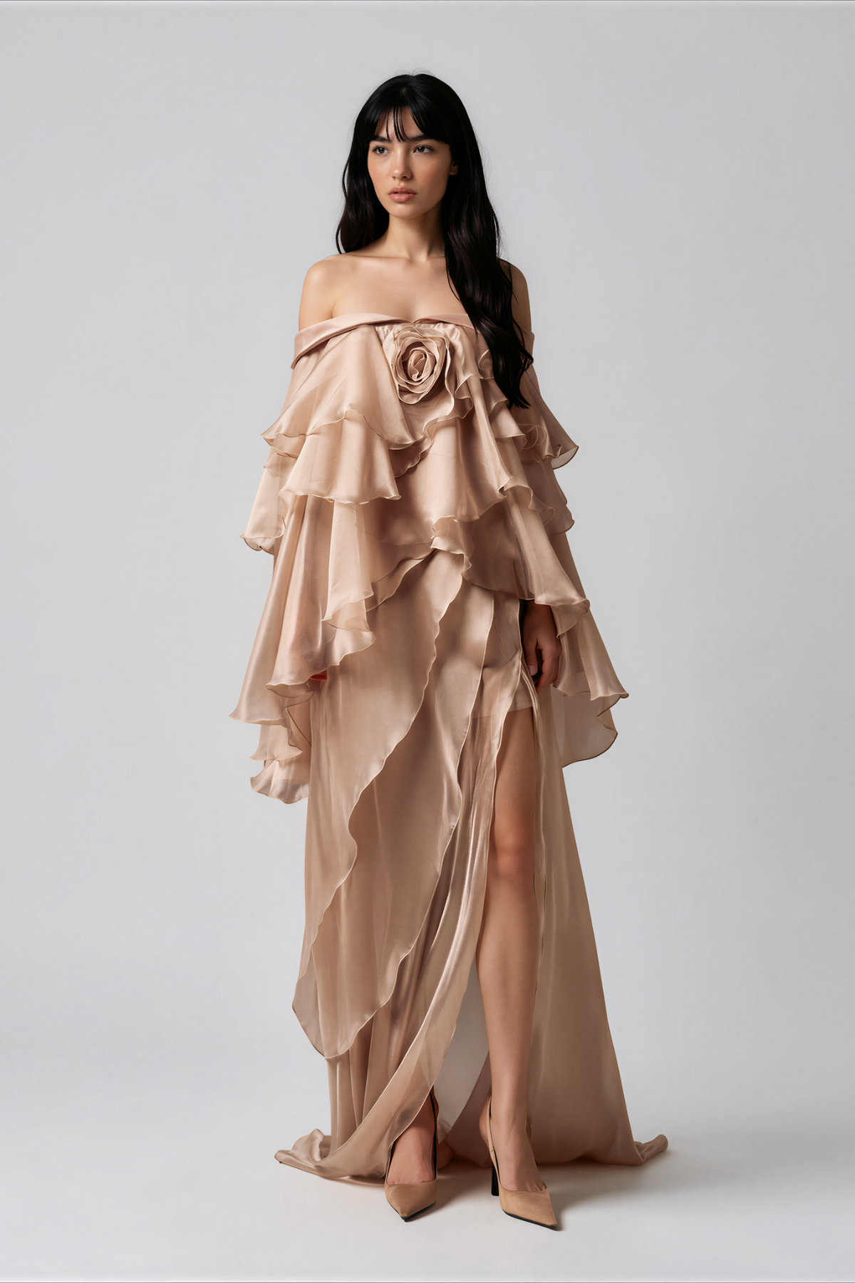 Elizabet Off Shoulder Flower Rufffle Maxi Dress