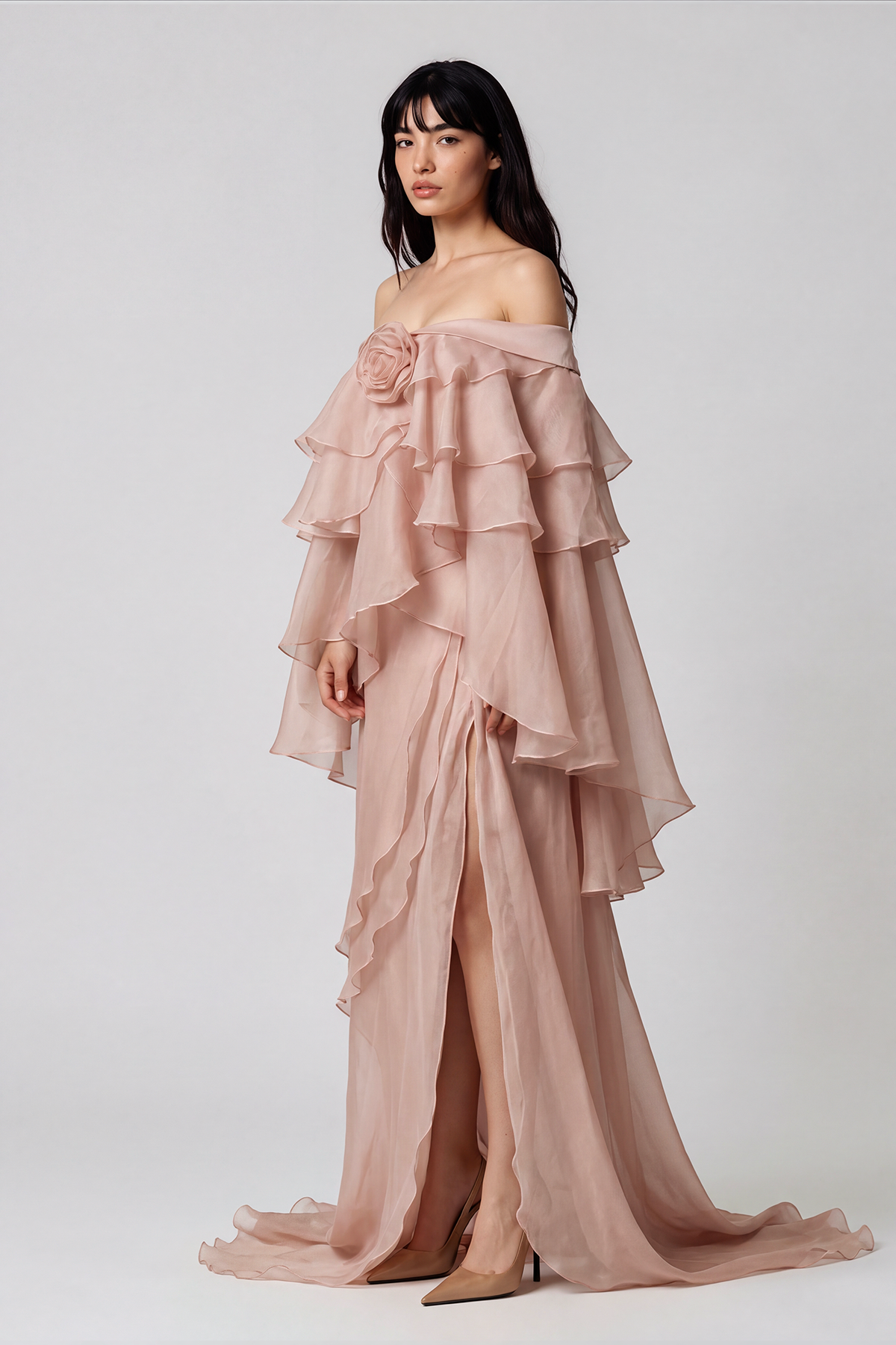Elizabet Off Shoulder Flower Rufffle Maxi Dress