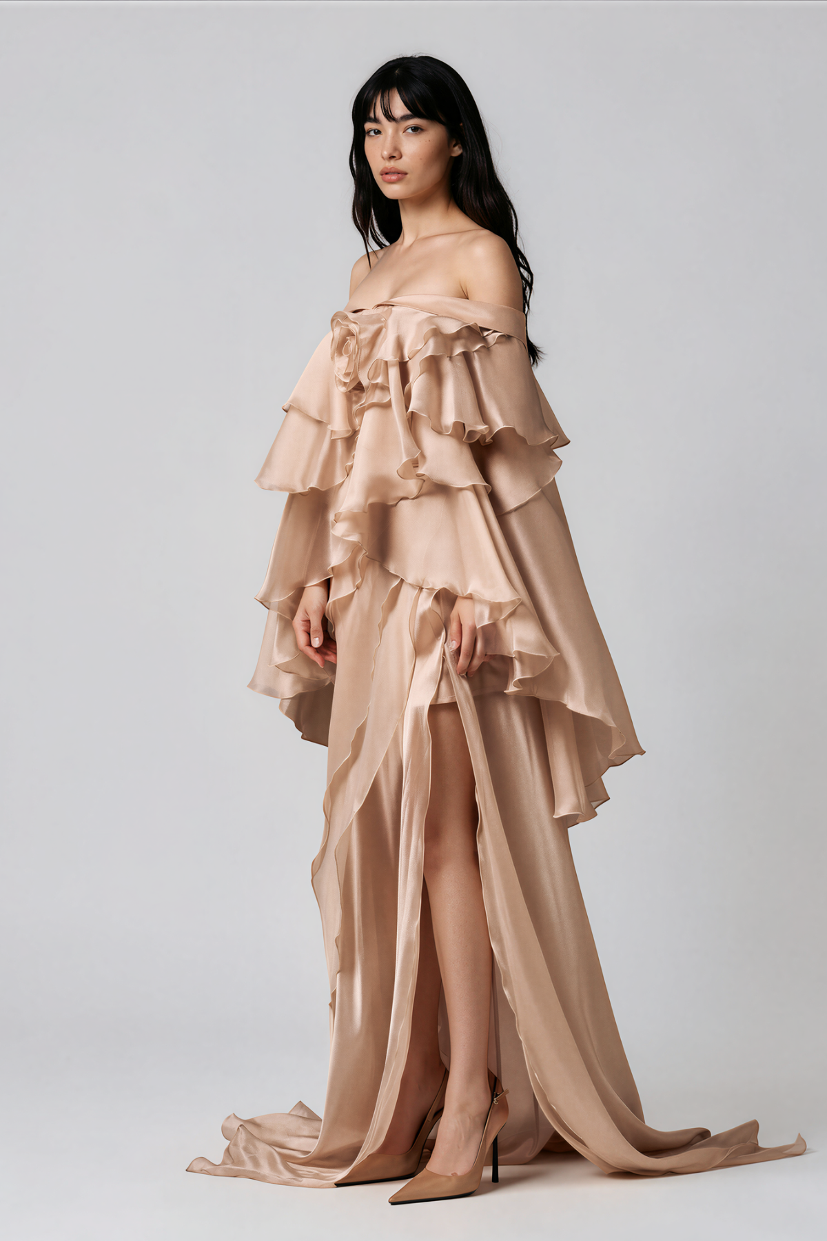 Elizabet Off Shoulder Flower Rufffle Maxi Dress