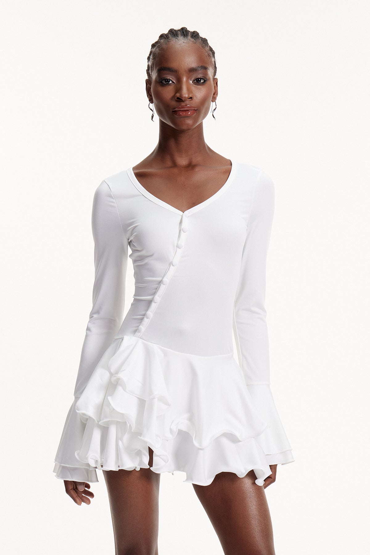 Ellington Asymmetric Button Ruffle Mini Dress In White