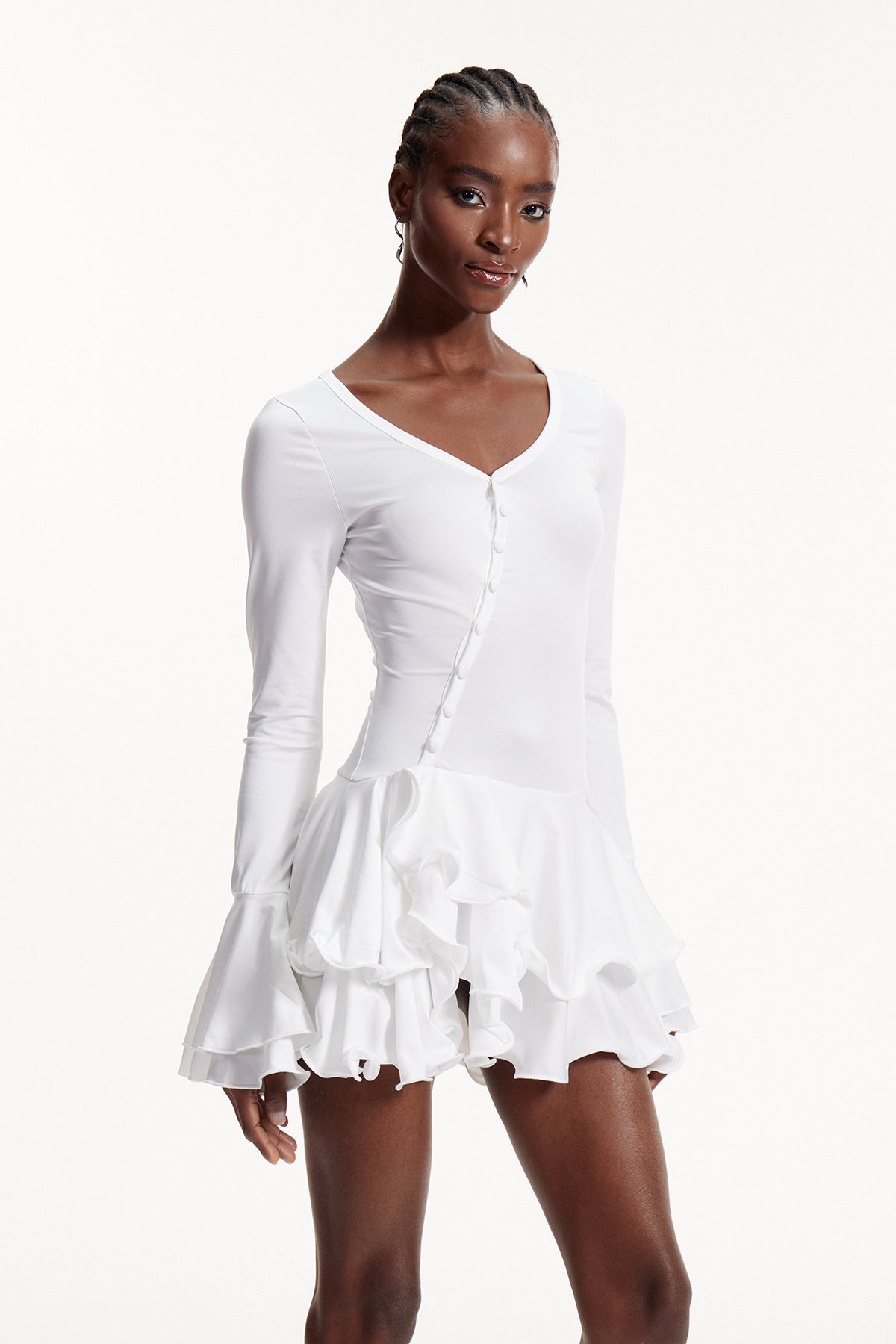 Ellington Asymmetric Button Ruffle Mini Dress In White
