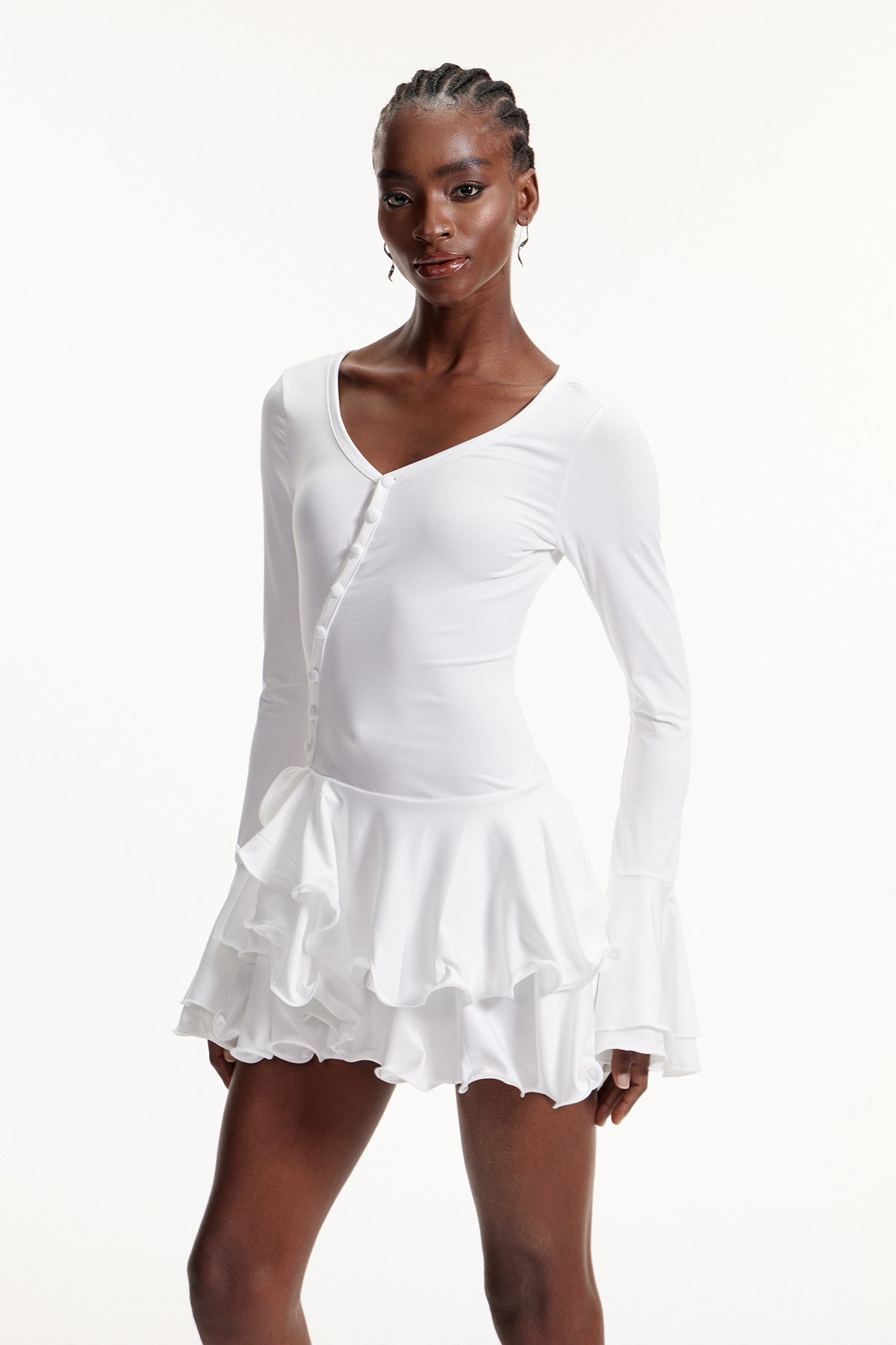 Ellington Asymmetric Button Ruffle Mini Dress In White