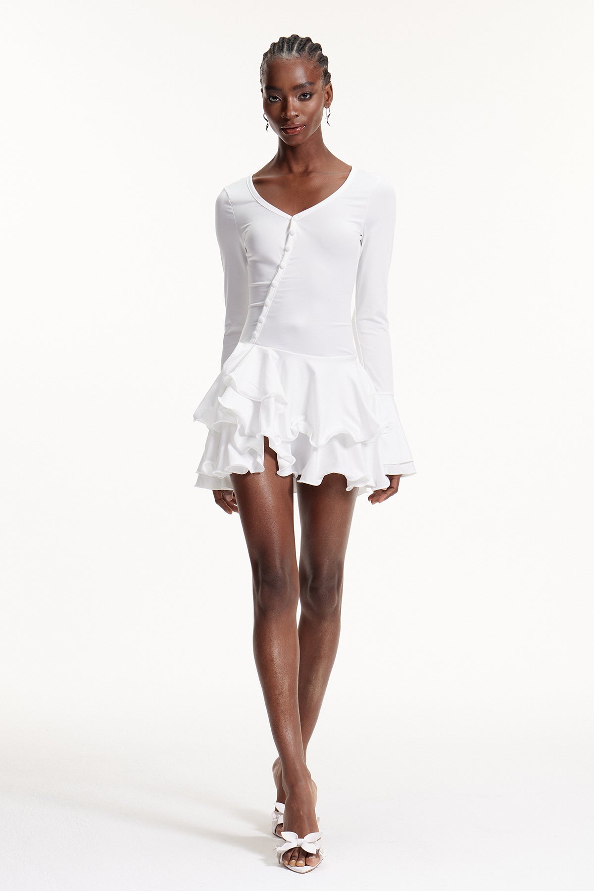 Ellington Asymmetric Button Ruffle Mini Dress In White
