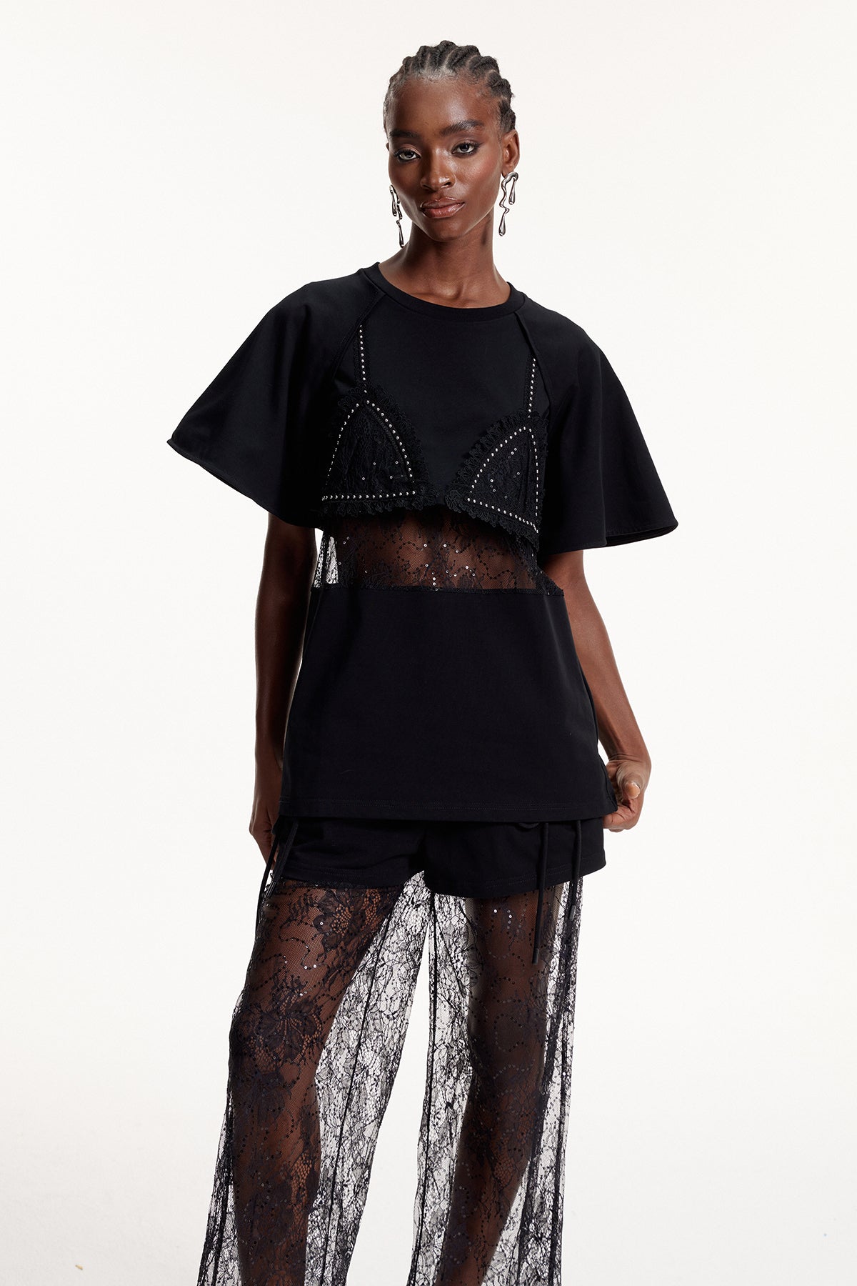 Elliott Lace Cutout T Shirt In Black