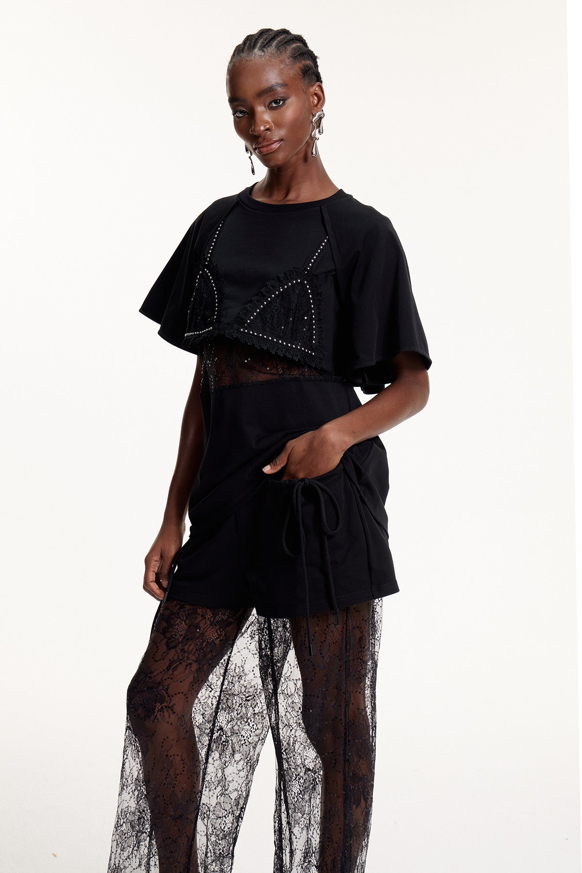 Elliott Lace Cutout T Shirt In Black