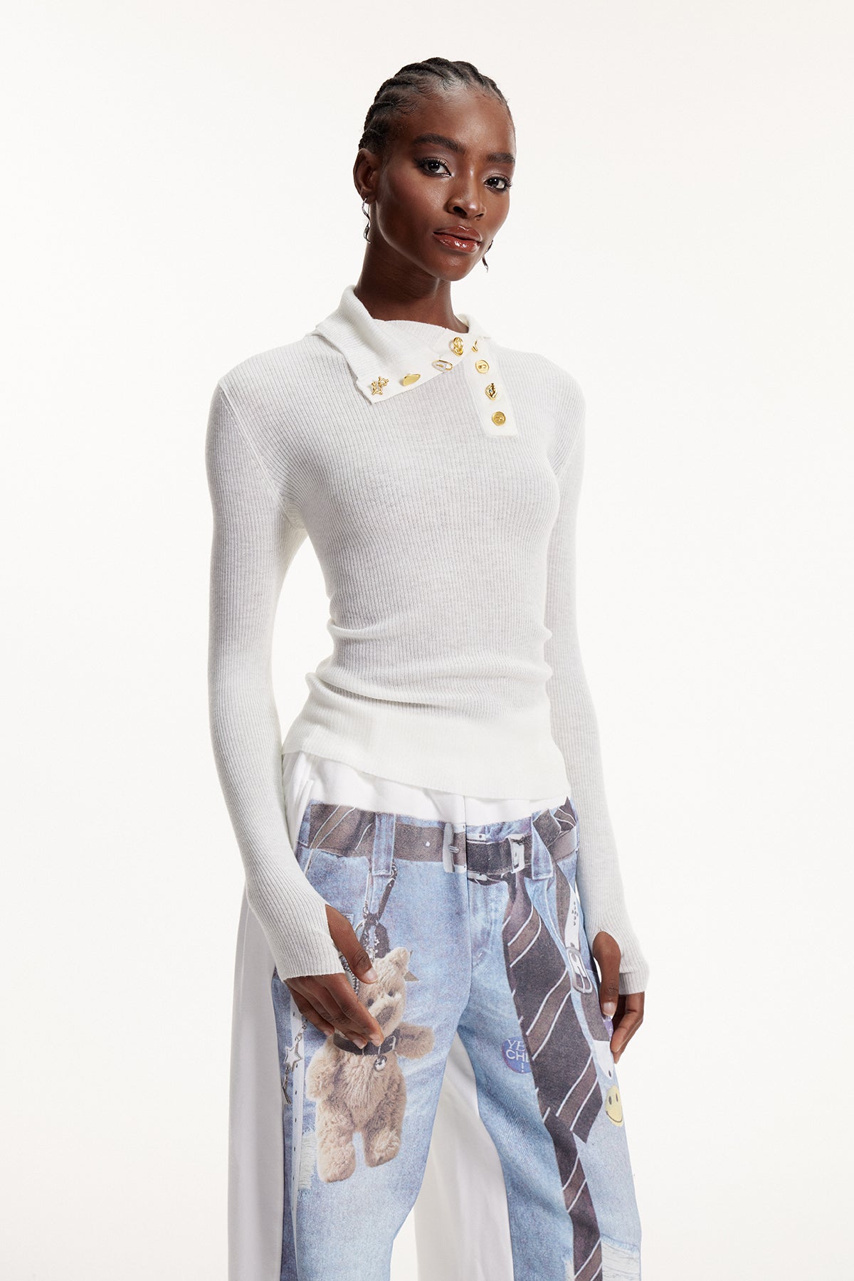 Elma Button Bodycon Knit Top In White