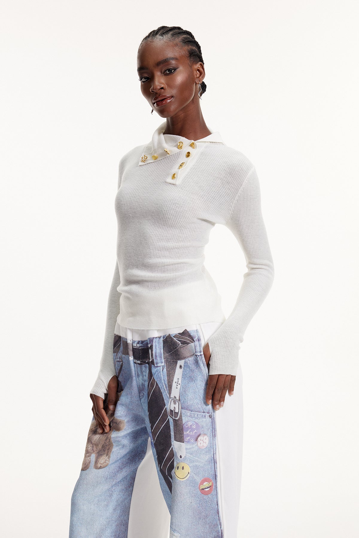 Elma Button Bodycon Knit Top In White