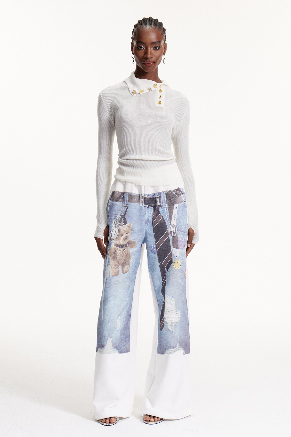 Elma Button Bodycon Knit Top In White