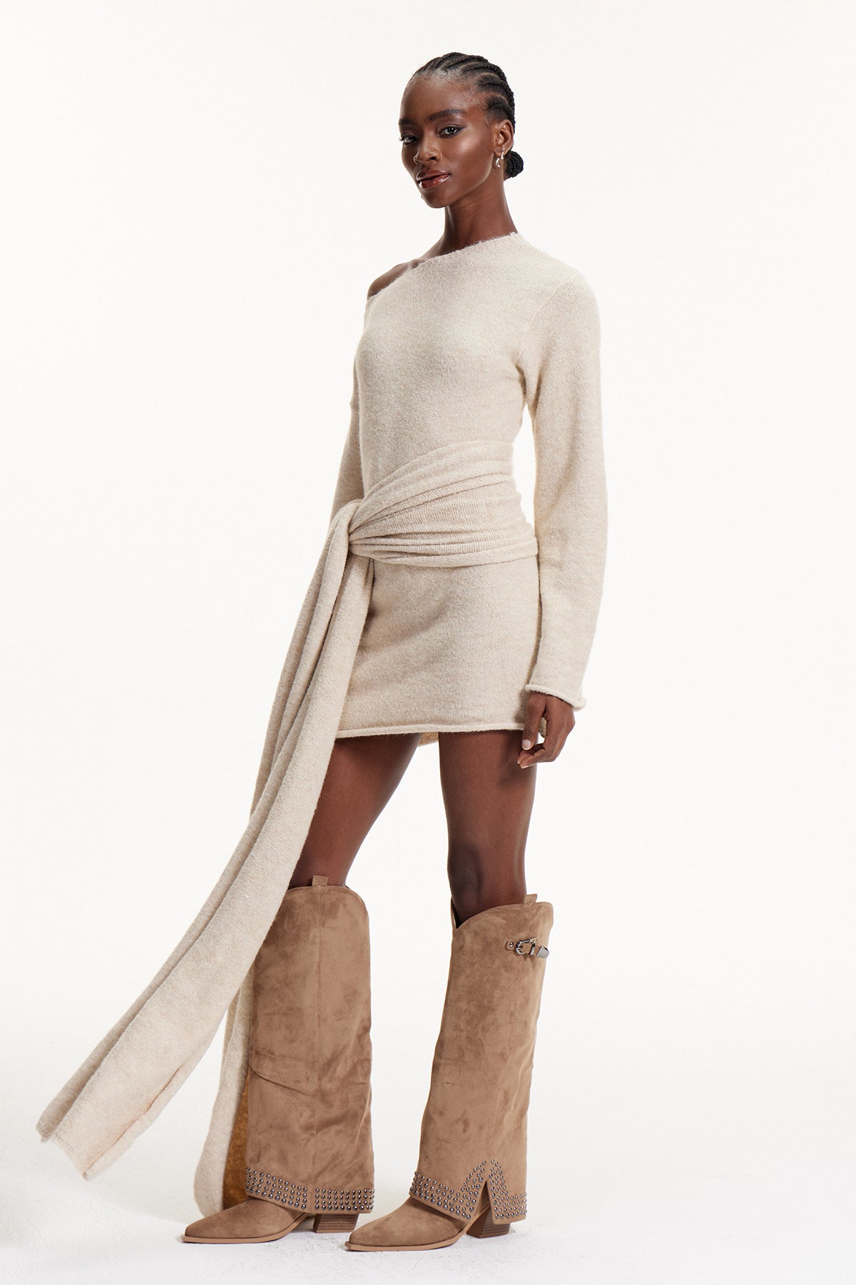 Elmar One Shoulder Tie Up Knit Mini Dress