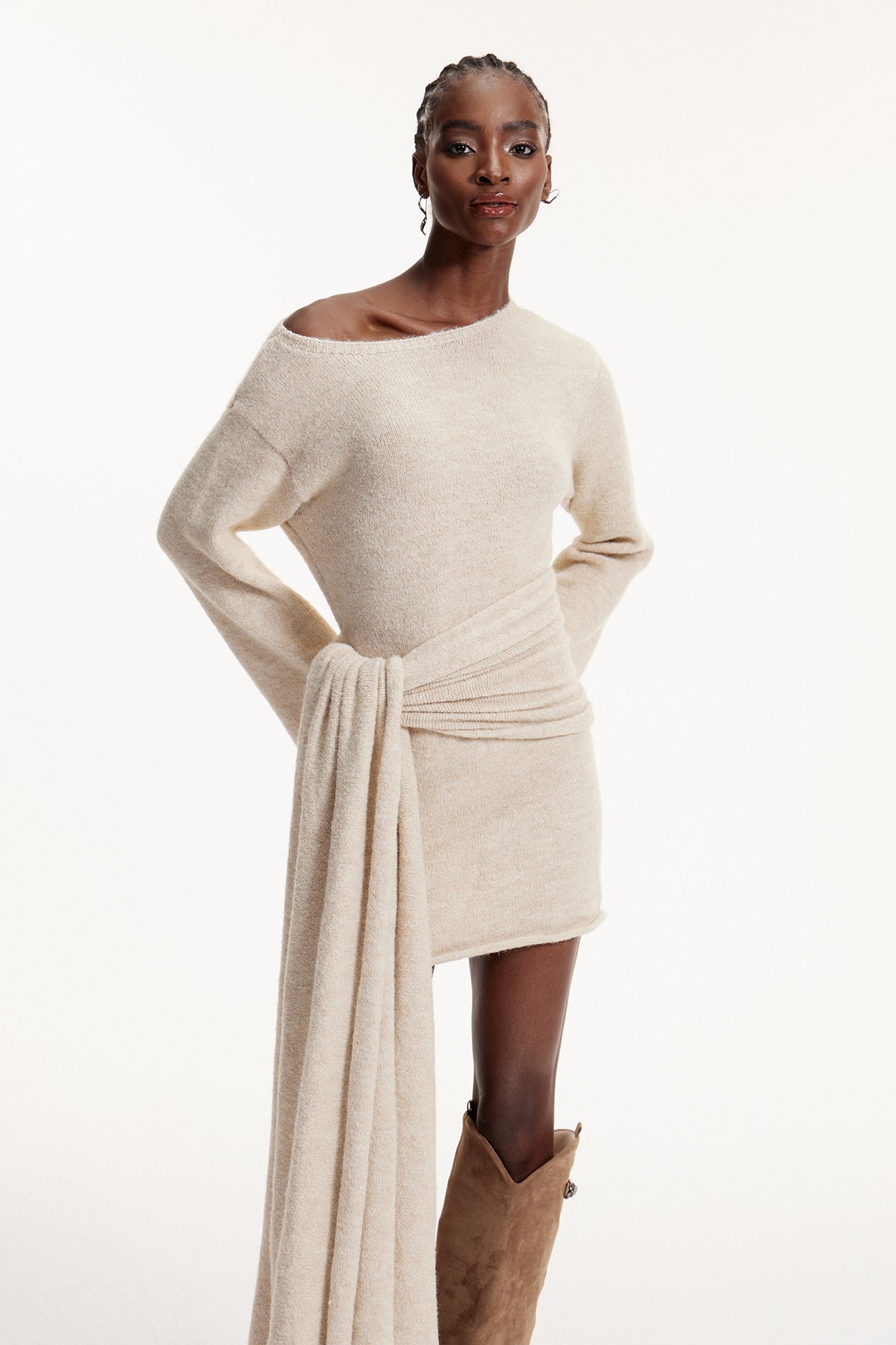 Elmar One Shoulder Tie Up Knit Mini Dress