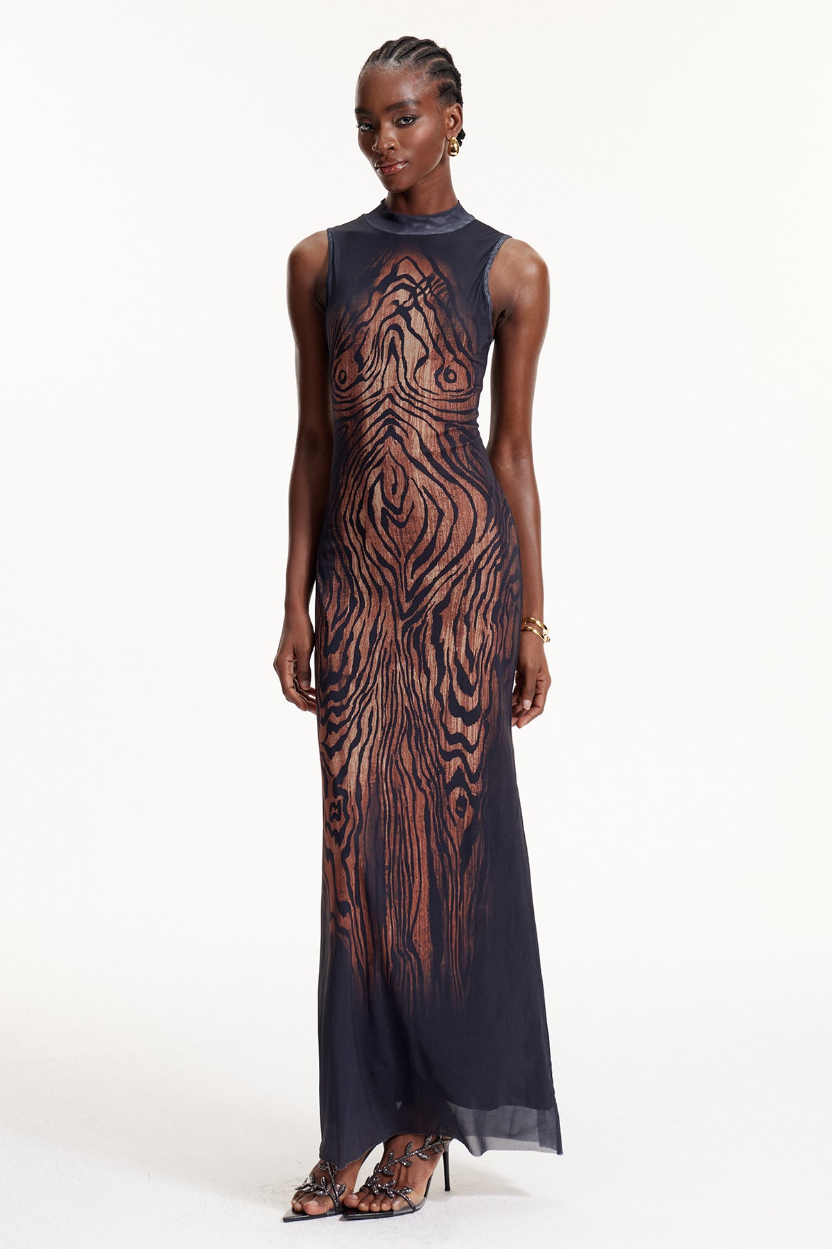 Elo Asymmetric Stripe Mesh Maxi Dress