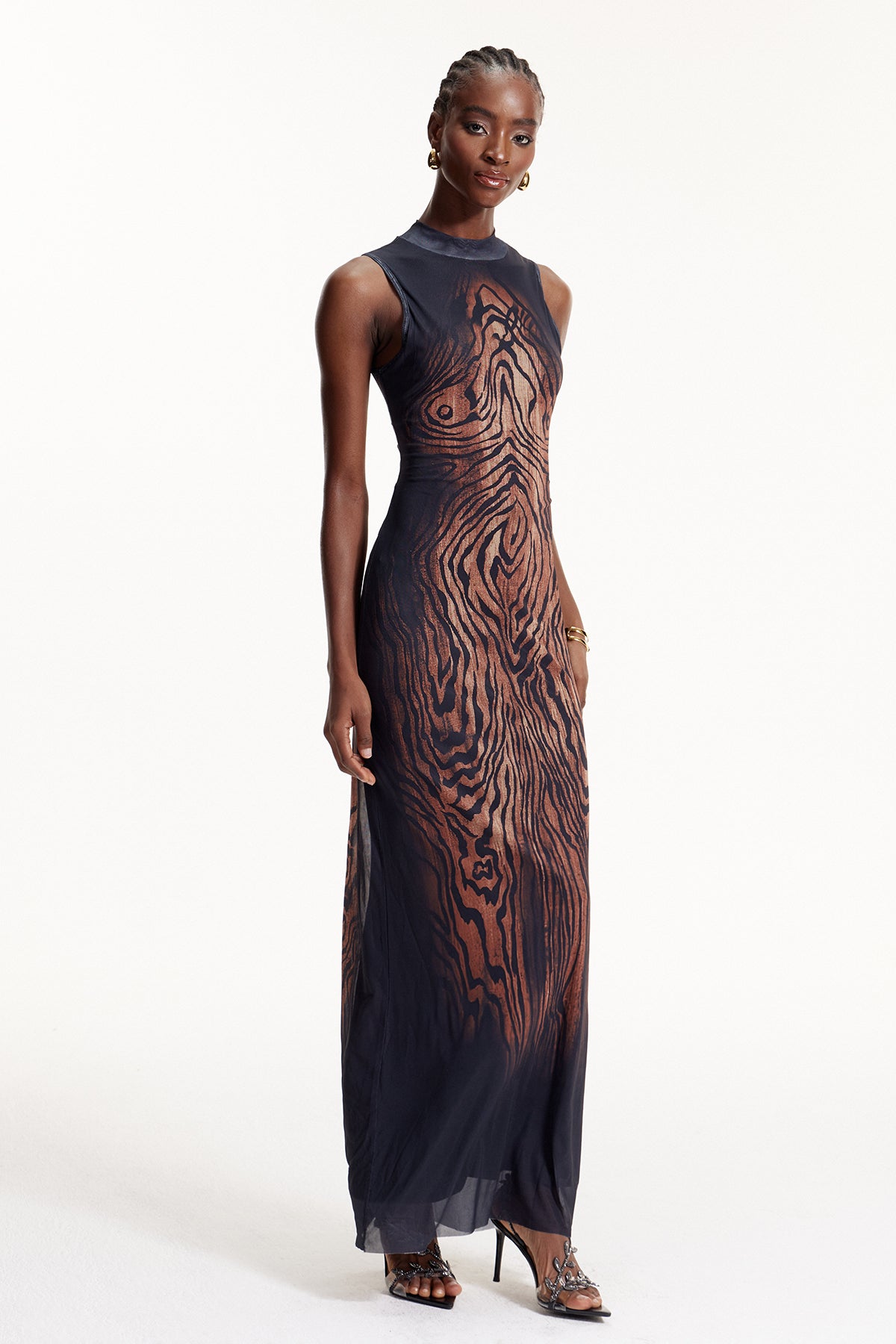 Elo Asymmetric Stripe Mesh Maxi Dress