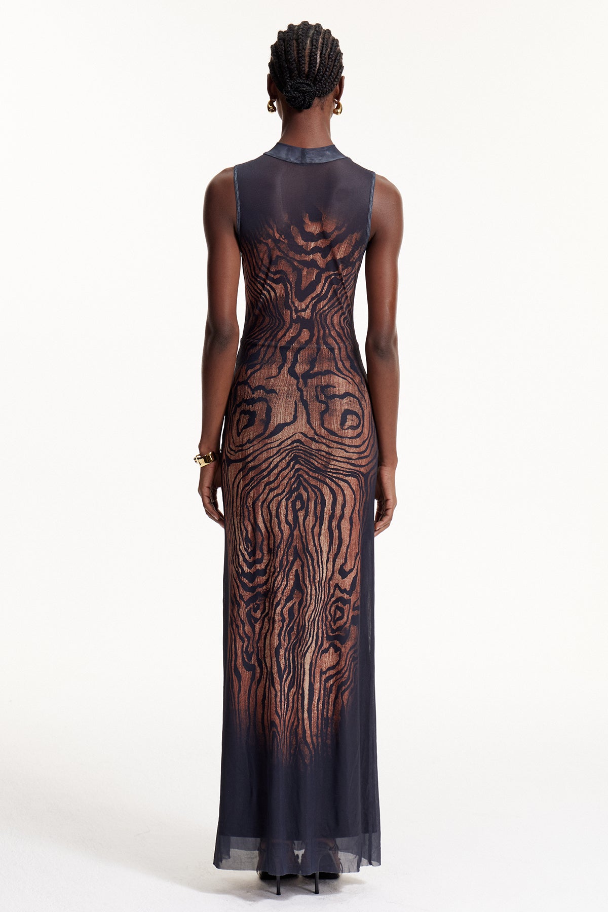 Elo Asymmetric Stripe Mesh Maxi Dress