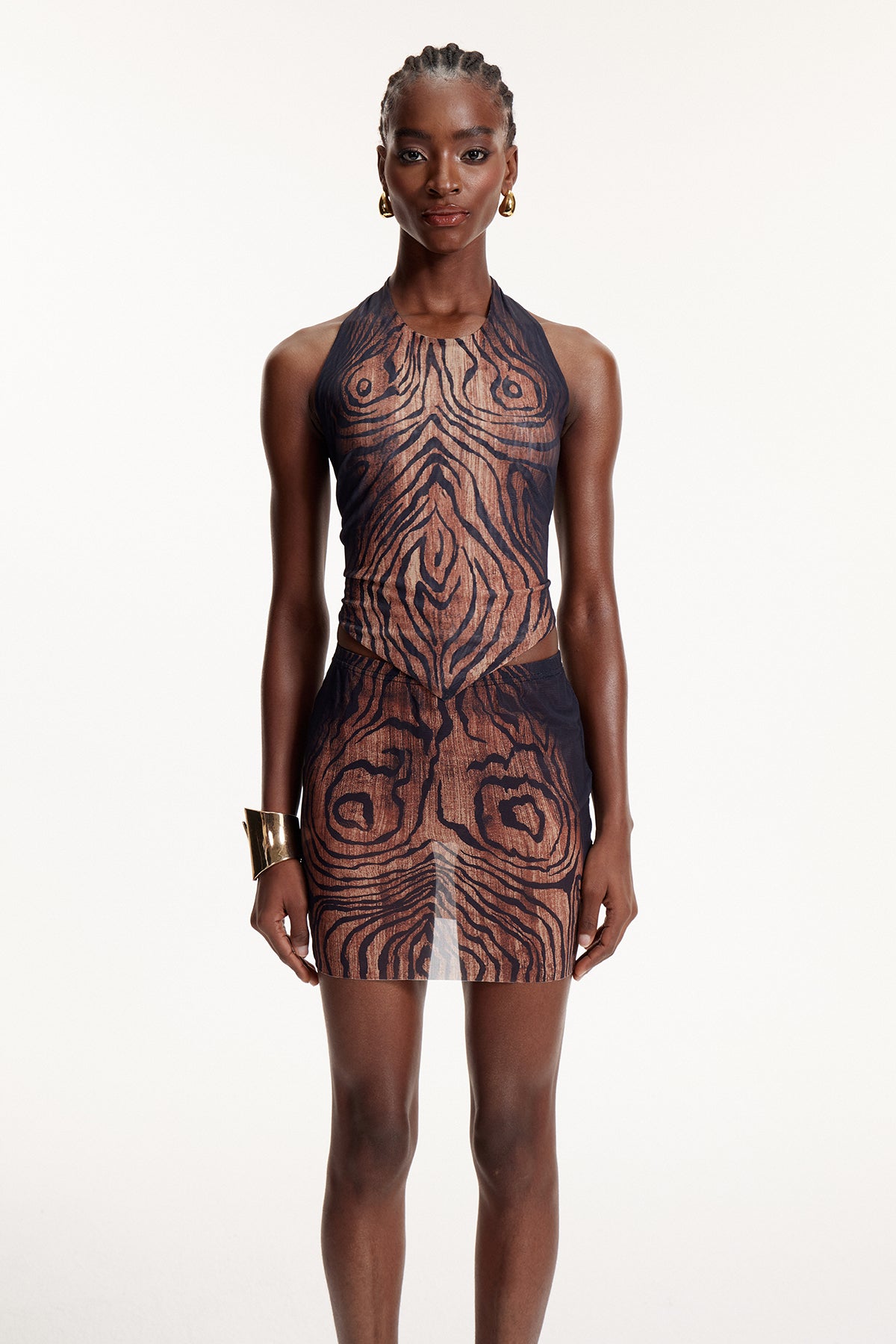 Elo Asymmetric Stripe Mesh Mini Dress